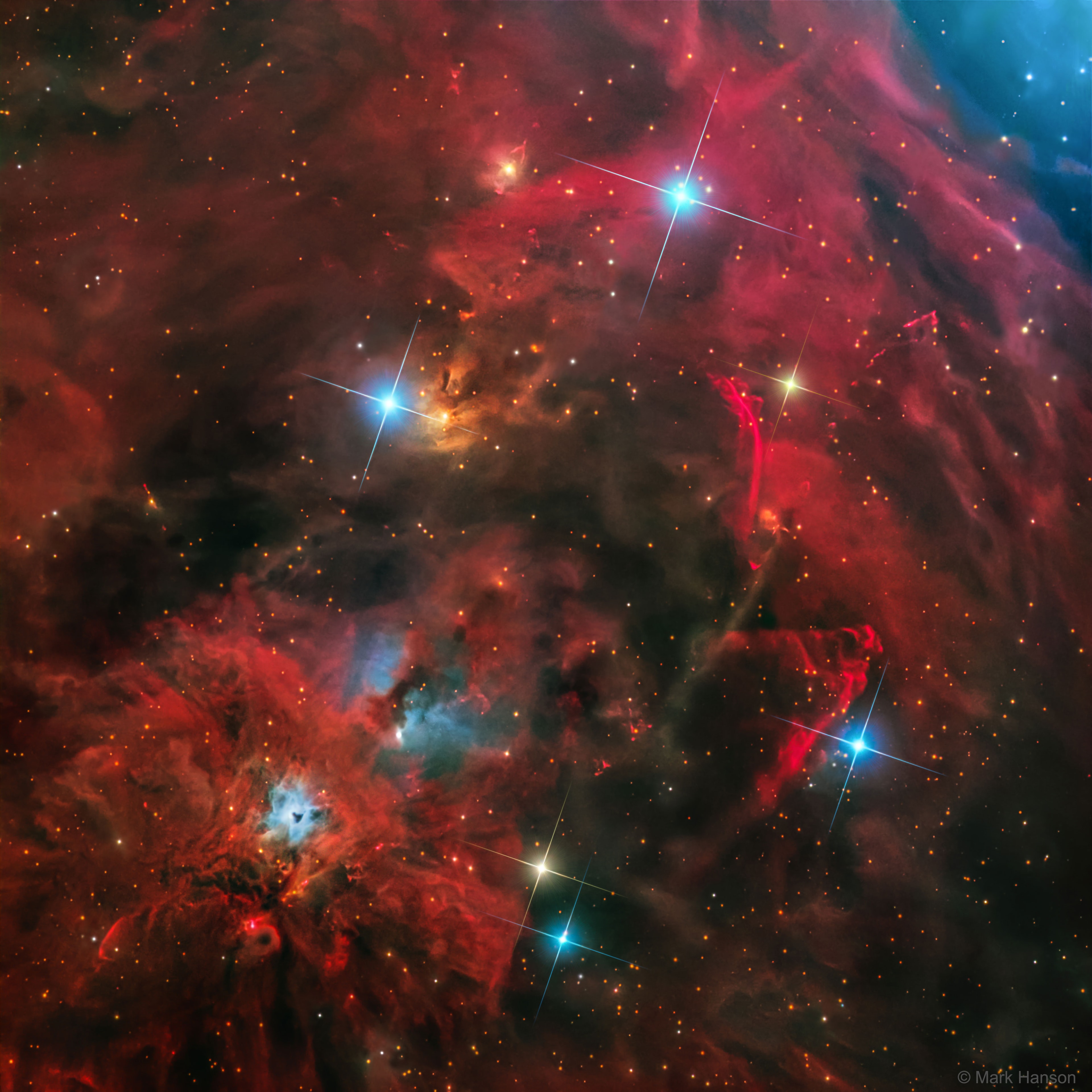 This tantalizing array of nebulas and stars can be found about two degrees south of the famous star-forming Orion Nebula. The region abounds with energetic young stars producing jets and outflows that push through the surrounding material at speeds of hundreds of kilometers per second. The interaction creates luminous shock waves known as Herbig-Haro (HH) objects. For example, the graceful, flowing arc just right of center is cataloged as HH 222, also called the Waterfall Nebula. Seen below the Waterfall, HH 401 has a distinctive cone shape. The bright bluish nebula below and left of center is NGC 1999, a dusty cloud reflecting light from an embedded variable star. The entire cosmic vista spans over 30 light-years, near the edge of the Orion Molecular Cloud Complex some 1,500 light-years distant. Open Science: Browse 1,600+ codes in the Astrophysics Source Code Library
