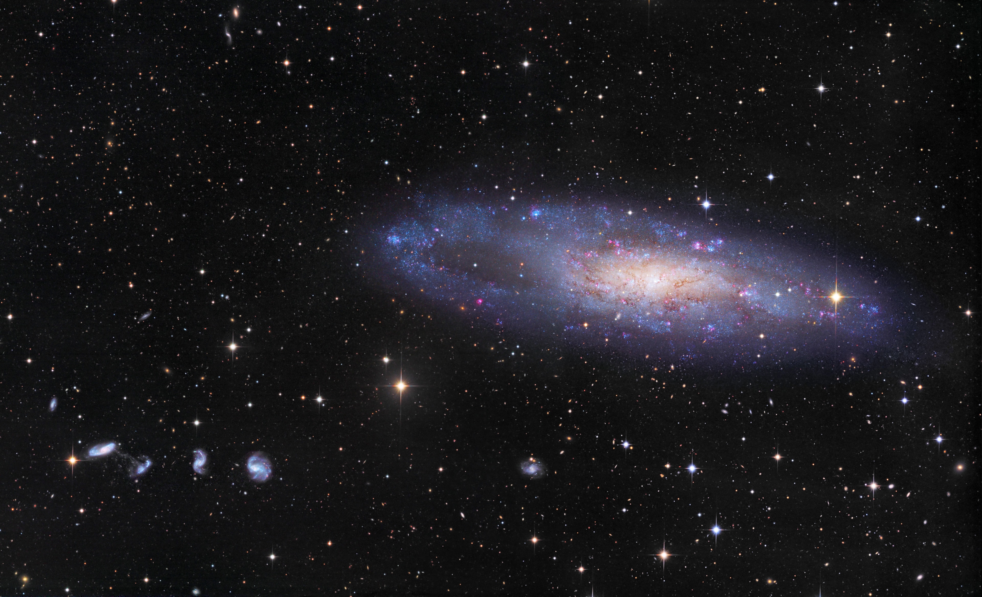 About 70,000 light-years across, NGC 247 is a spiral galaxy smaller than our Milky Way. Measured to be only 11 million light-years distant it is nearby though. Tilted nearly edge-on as seen from our perspective, it dominates this telescopic field of view toward the southern constellation Cetus. The pronounced void on one side of the galaxy's disk recalls for some its popular name, the Needle's Eye galaxy. Many background galaxies are visible in this sharp galaxy portrait, including the remarkable string of four galaxies just below and left of NGC 247 known as Burbidge's Chain. Burbidge's Chain galaxies are about 300 million light-years distant. The deep image even reveals that the two leftmost galaxies in the chain are apparently interacting, joined by a faint bridge of material. NGC 247 itself is part of the Sculptor Group of galaxies along with the shiny spiral NGC 253.