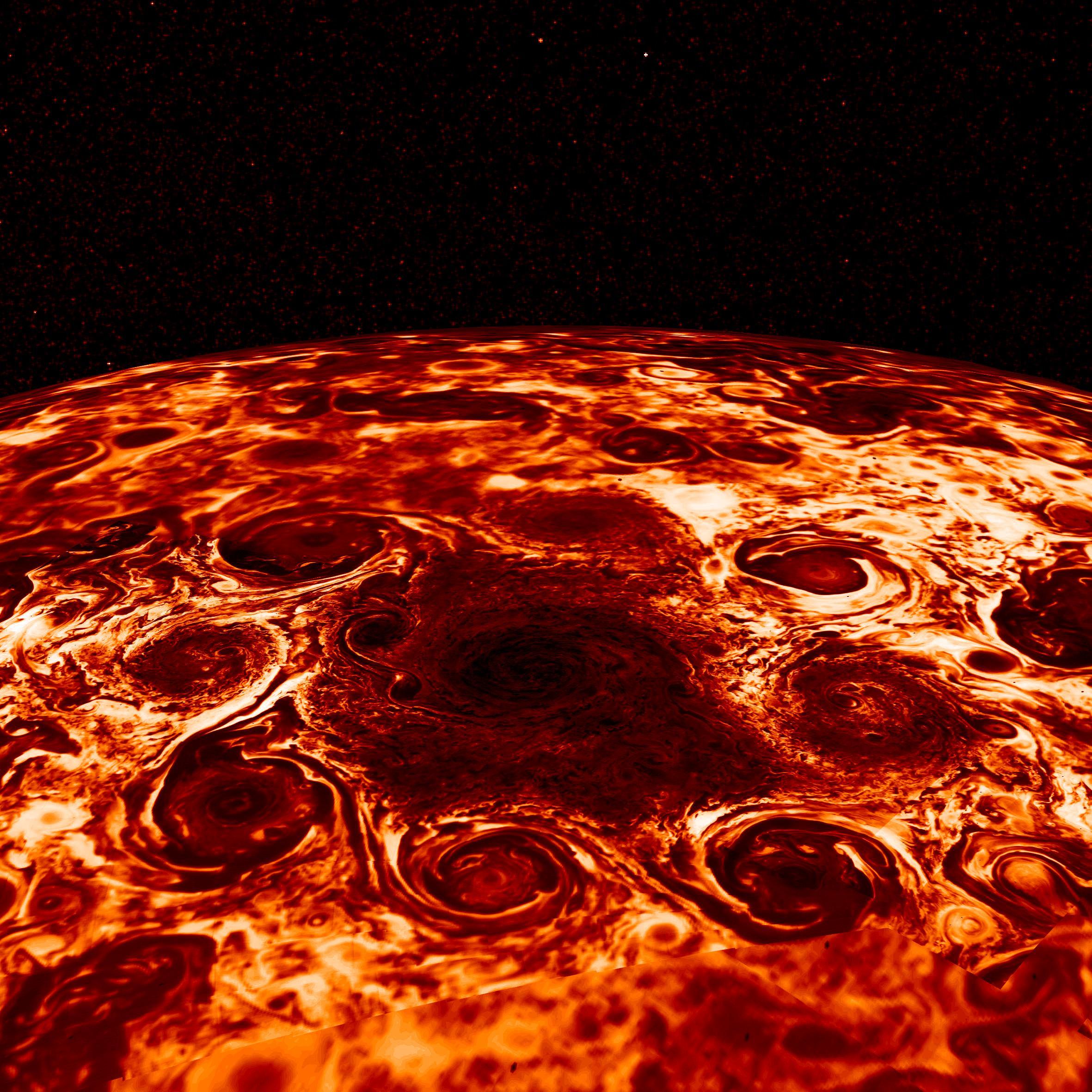 Juno's Jovian Infrared Auroral Mapper data was used to construct this stunning view of cyclones at Jupiter's North Pole. Measuring the thermal emission from Jovian cloud tops, the infrared observations are not restricted to the hemisphere illuminated by sunlight. They reveal eight cyclonic features that surround a cyclone about 4,000 kilometers in diameter, just offset from the giant planet's geographic North Pole. Similar data show a cyclone at the Jovian South Pole with five circumpolar cyclones. The South Pole cyclones are slightly larger than their northern cousins. Cassini data has shown that gas giant Saturn's north and south poles each have a single cyclonic storm system.