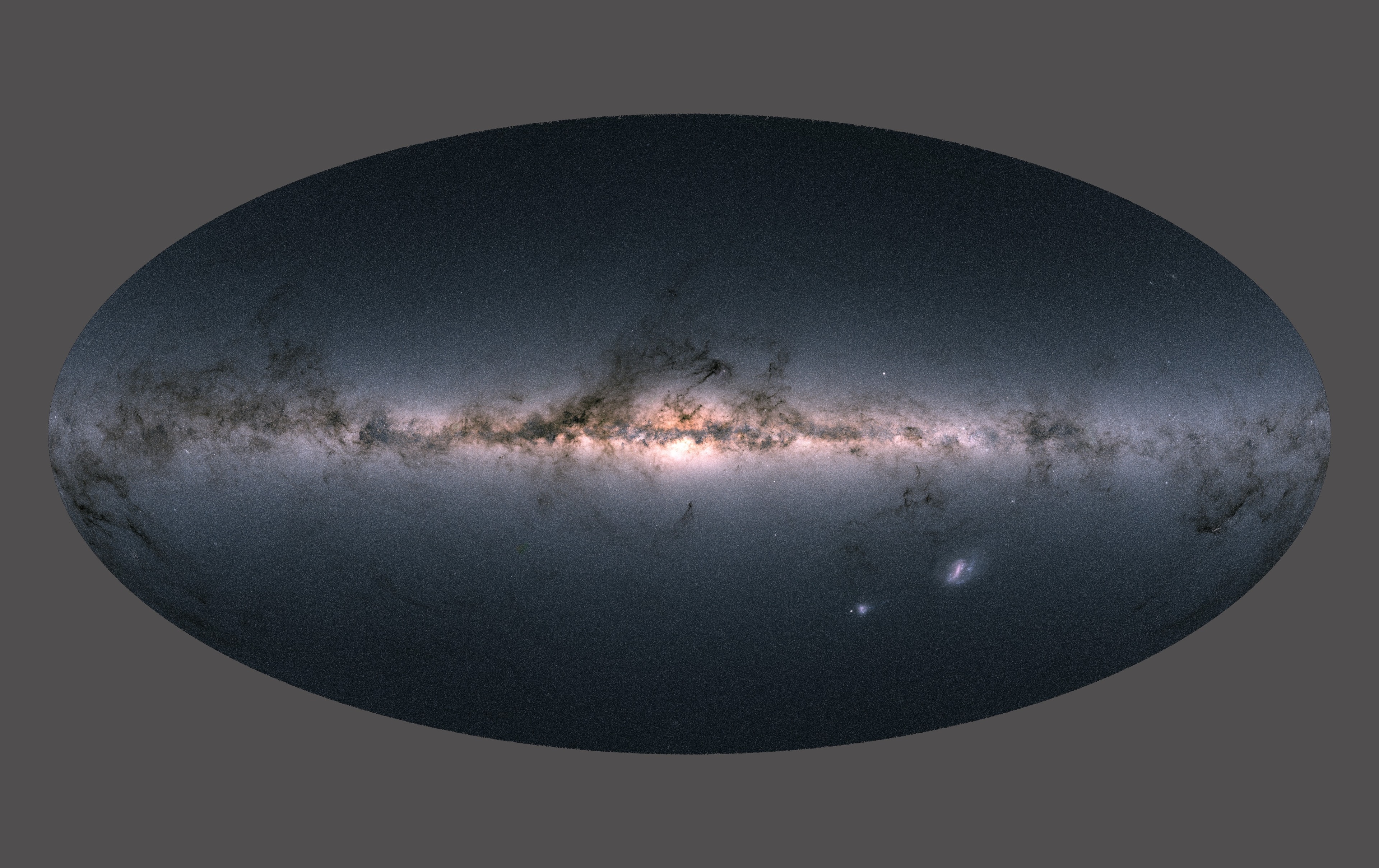 This grand allsky view of our Milky Way and nearby galaxies is not a photograph. It's a map based on individual measurements for nearly 1.7 billion stars. The astronomically rich data set used to create it, the sky-scanning Gaia satellite's second data release, includes remarkably precise determinations of position, brightness, colour, and parallax distance for 1.3 billion stars. Of course, that's about 1 percent of the total number of stars in the Milky Way. The flat plane of our galaxy still dominates the view. Home to most Milky Way stars it stretches across the center of Gaia's stellar data map. Voids and rifts along the galactic plane correspond to starlight-obscuring interstellar dust clouds. At lower right are stars of the Large and Small Magellanic Clouds, neighboring galaxies that lie just beyond the Milky Way.