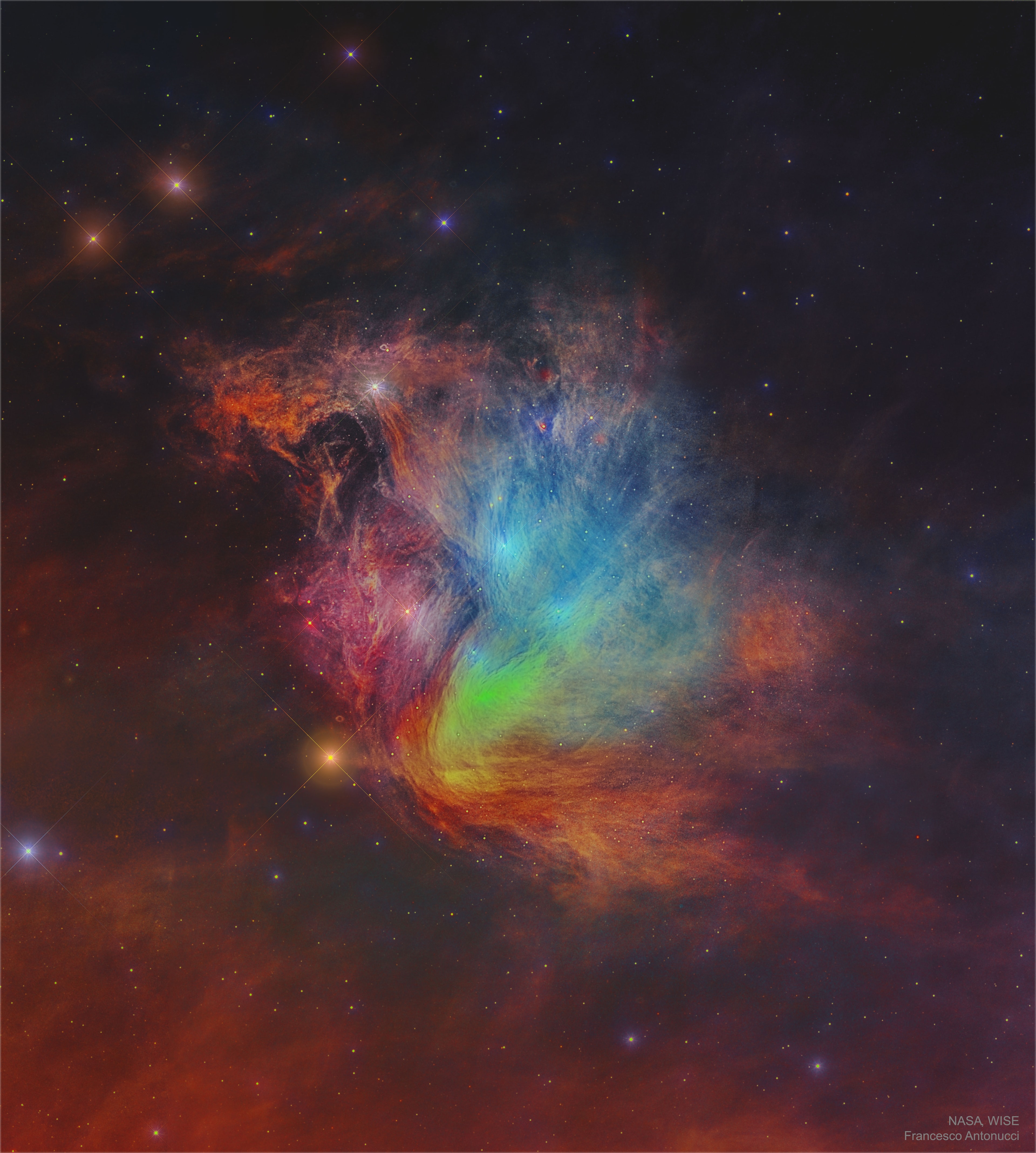 Is this really the famous Pleaides star cluster? Known for its iconic blue stars, the Pleaides is shown here in infrared light where the surrounding dust outshines the stars. Here three infrared colors have been mapped into visual colors (R=24, G=12, B=4.6 microns). The base images were taken by NASA's orbiting Wide Field Infrared Survey Explorer (WISE) spacecraft. Cataloged as M45 and nicknamed the Seven Sisters, the Pleiades star cluster is by chance situated in a passing dust cloud. The light and winds from the massive Pleiades stars preferentially repels smaller dust particles, causing the dust to become stratified into filaments, as seen. The featured image spans about 20 light years at the distance of the Pleiades, which lies about 450 light years distant toward the constellation of the Bull (Taurus). Follow APOD on: Facebook, Google Plus, Instagram, or Twitter