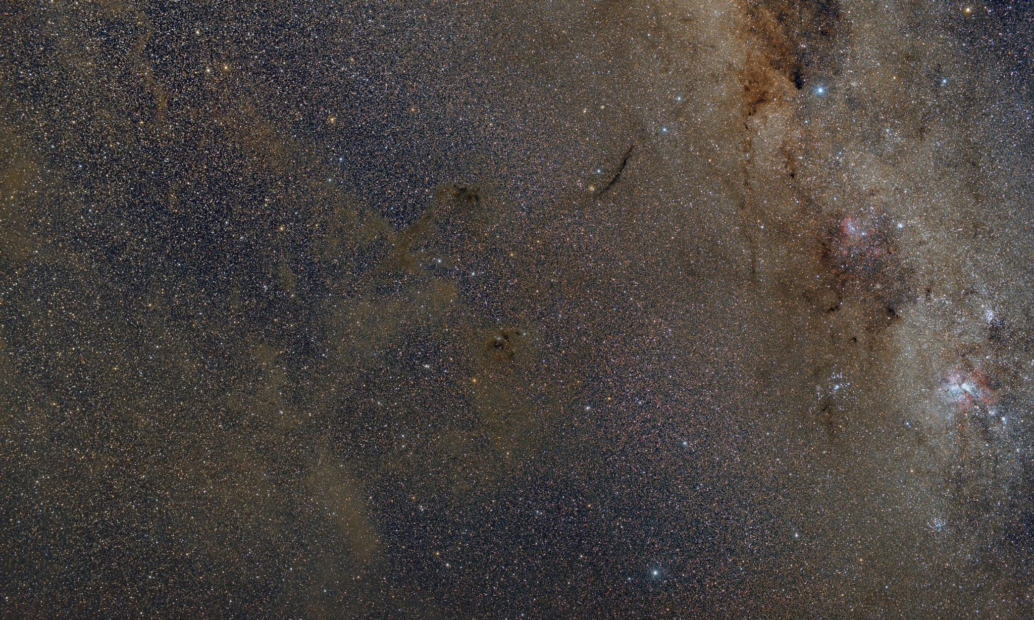 South pole star Sigma Octantis (of the constellation Octans) is on the left of this starry expanse spanning over 40 degrees across far southern skies. You'll have to look hard to find it, though. The southern hemisphere's faint counterpart to the north star Polaris, Sigma Octantis is a little over one degree from the South Celestial Pole. Also known as Polaris Australis, Sigma Octantis is dimmer than 5th magnitude, some 25 times fainter than Polaris and not easy to see with the unaided eye. In fact, it may be the faintest star depicted on a national flag. The remarkable deep and wide-field view also covers faint, dusty galactic cirrus clouds, bounded at the right by the star clusters and nebulae along southern reaches of the plane of our Milky Way galaxy. Near the upper right corner is yellowish Gamma Crucis, the top of the Southern Cross. Easy to pick out above and right of center is the long Dark Doodad nebula in the southern constellation Musca, the Fly.