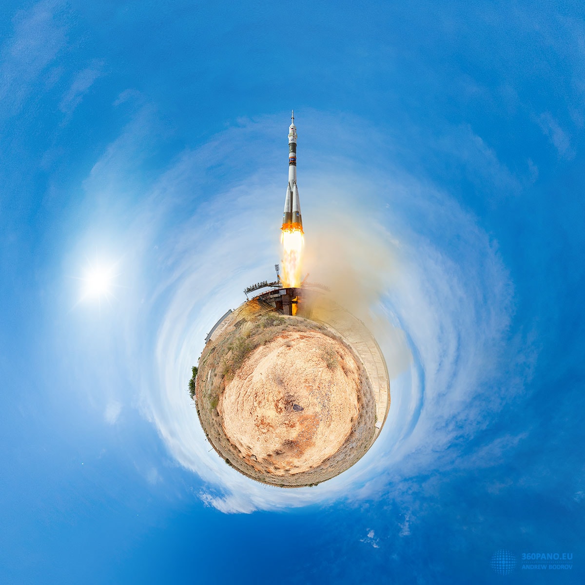 gines blazing, a large rocket bids farewell to this little planet. Of course, the little planet is really planet Earth and the large rocket is a Soyuz-FG rocket. Launched from the Baikonur Cosmodrome in Kazakhstan on June 6 it carried a Soyuz MS-09 spacecraft into orbit. On board were International Space Station Expedition 56-57 crew members Sergey Prokopyev of Roscosmos, Serena Aunon-Chancellor of NASA and Alexander Gerst of ESA. Their spacecraft successfully docked with humanity's orbiting outpost just two days later. The little planet projection is the digitally warped and stitched mosaic of images covering 360 by 180 degrees, captured during the 2018 Star Trek car expedition.