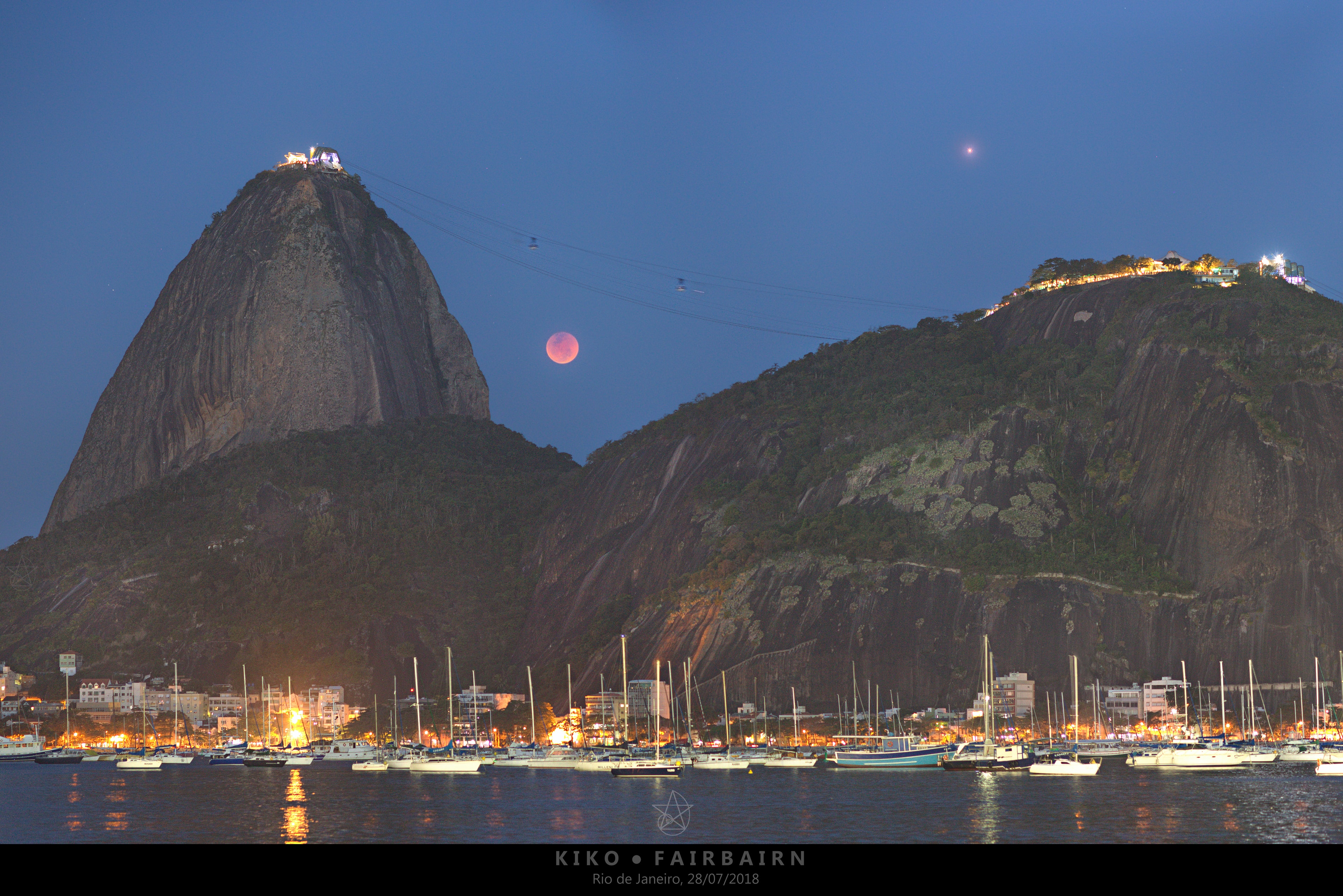 Moonrise doesn't usually look this interesting. For one thing, the full moon is not usually this dark -- but last Friday the moon rose here as it simultaneously passed through the shadow of the Earth. For another thing, the Moon does not usually look this red -- but last Friday it was slightly illuminated by red sunlight preferentially refracted through the Earth's atmosphere. Next, the Moon doesn't usually rise next to a planet, but since Mars was also coincidently nearly opposite the Sun, the red planet was visible to the full moon's upper right. Finally, from the vantage point of most people, the Moon does not usually rise over Rio de Janeiro in Brazil. Last Friday's sunset eclipse, however, specifically its remarkable Micro Blood Moon Total Lunar Eclipse, was captured from Rio's Botofogo Beach, along with an unusually large crowd of interested onlookers.