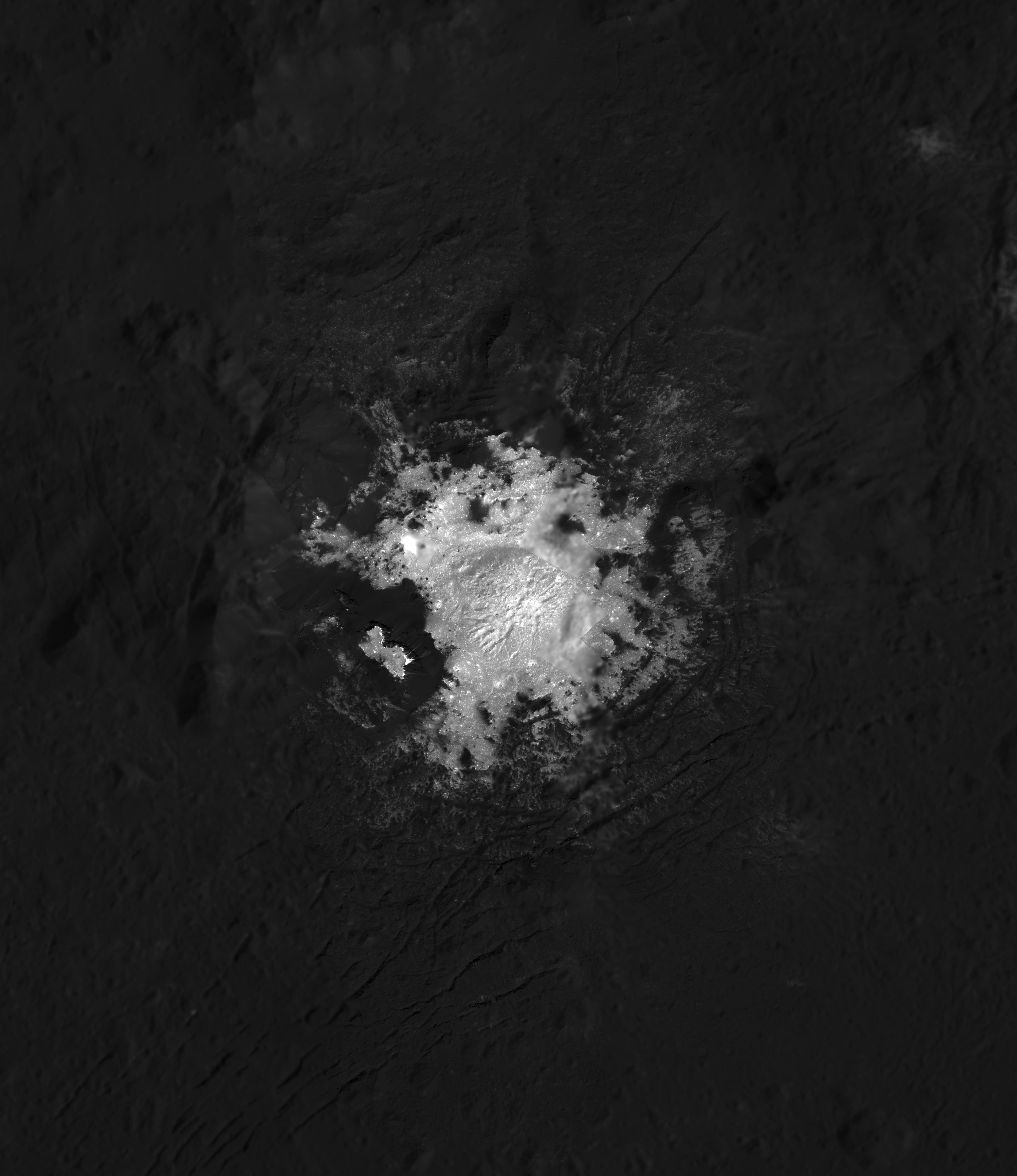 Cerealia Facula, also known as the brightest spot on Ceres, is shown in this stunning mosaic close-up view. The high-resolution image data was recorded by the Dawn spacecraft, in a looping orbit, from altitudes as low as 34 kilometers (21 miles) above the dwarf planet's surface. Cerealia Facula is about 15 kilometers wide, found in the center of 90 kilometer diameter Occator crater. Like the other bright spots (faculae) scattered around Ceres, Cerealia Facula is not ice, but an exposed salty residue with a reflectivity like dirty snow. The residue is thought to be mostly sodium carbonate and ammonium chloride from a slushy brine within or below the dwarf planet's crust. Driven by advanced ion propulsion on an 11-year mission, Dawn explored main-belt asteriod Vesta before traveling on to Ceres. But sometime between this August and October, the interplanetary spacecraft is expected to finally run out of fuel for its hydrazine thrusters. The subsequent loss of control of its orientation will result in the loss of power and the ability to communicate with Earth. Meanwhile Dawn will continue to explore Ceres in unprecedented detail, and ultimately retire in its orbit around the small world.