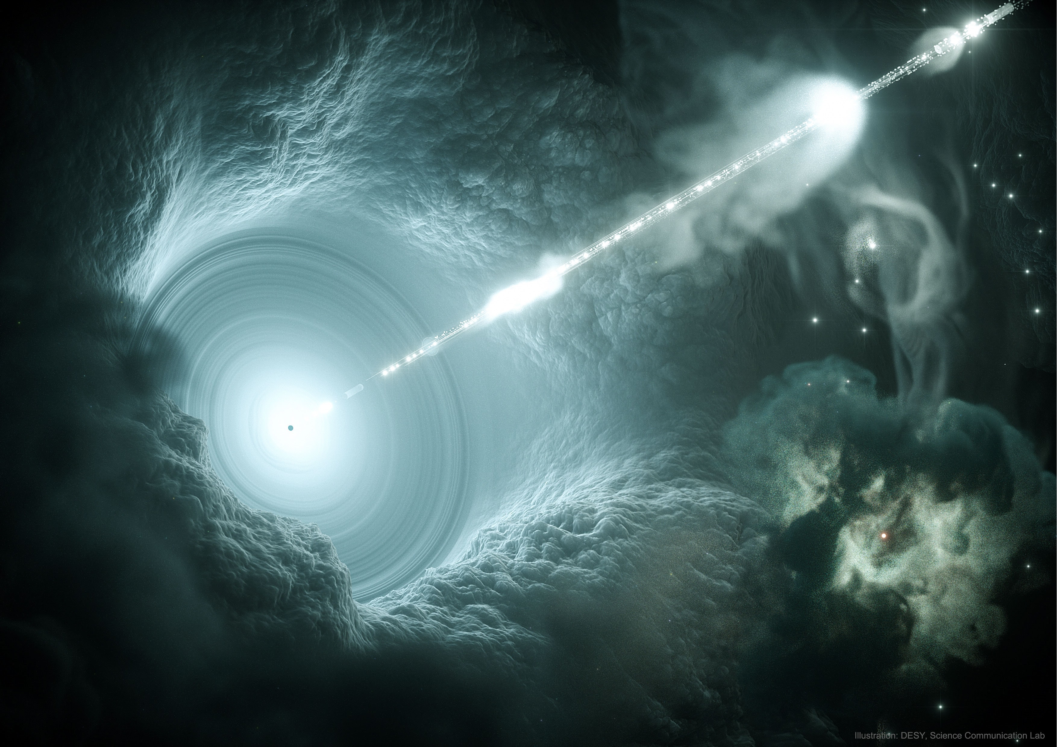 With equipment frozen deep into ice beneath Earth's South Pole, humanity appears to have discovered a neutrino from far across the universe. If confirmed, this would mark the first clear detection of cosmologically-distant neutrinos and the dawn of an observed association between energetic neutrinos and cosmic rays created by powerful jets emanating from blazing quasars (blazars). Once the Antarctican IceCube detector measured an energetic neutrino in 2017 September, many of humanity's premier observatories sprang into action to try to identify a counterpart in light. And they did. An erupting counterpart was pinpointed by high energy observatories including AGILE, Fermi, HAWC, H.E.S.S., INTEGRAL, MAGIC, NuSTAR, Swift, and VERITAS, which found that gamma-ray blazar TXS 0506+056 was in the right direction and with gamma-rays from a flare arriving nearly coincidental in time with the neutrino. Even though this and other position and time coincidences are statistically strong, astronomers will await other similar neutrino - blazar light associations to be absolutely sure. Pictured here is an artist's drawing of a particle jet emanating from a black hole at the center of a blazar.