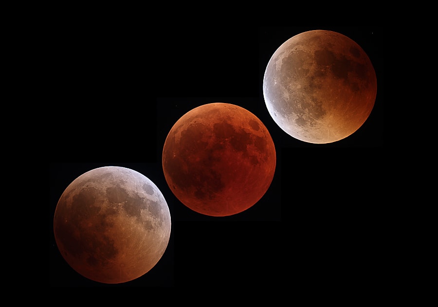 Reddened by scattered sunlight, the Moon in the center is passing through the center of Earth's dark umbral shadow in this July 27 lunar eclipse sequence. Left to right the three images are from the start, maximum, and end to 103 minutes of totality from the longest lunar eclipse of the 21st century. The longest path the Moon can follow through Earth's shadow does cross the shadow's center, that's what makes such central lunar eclipses long ones. But July 27 was also the date of lunar apogee, and at the most distant part of its elliptical orbit the Moon moves slowest. For the previous lunar eclipse, last January 31, the Moon was near its orbital perigee. Passing just south of the Earth shadow central axis, totality lasted only 76 minutes. Coming up on January 21, 2019, a third consecutive total lunar eclipse will also be off center and find the Moon near perigee. Then totality will be a mere 62 minutes long.