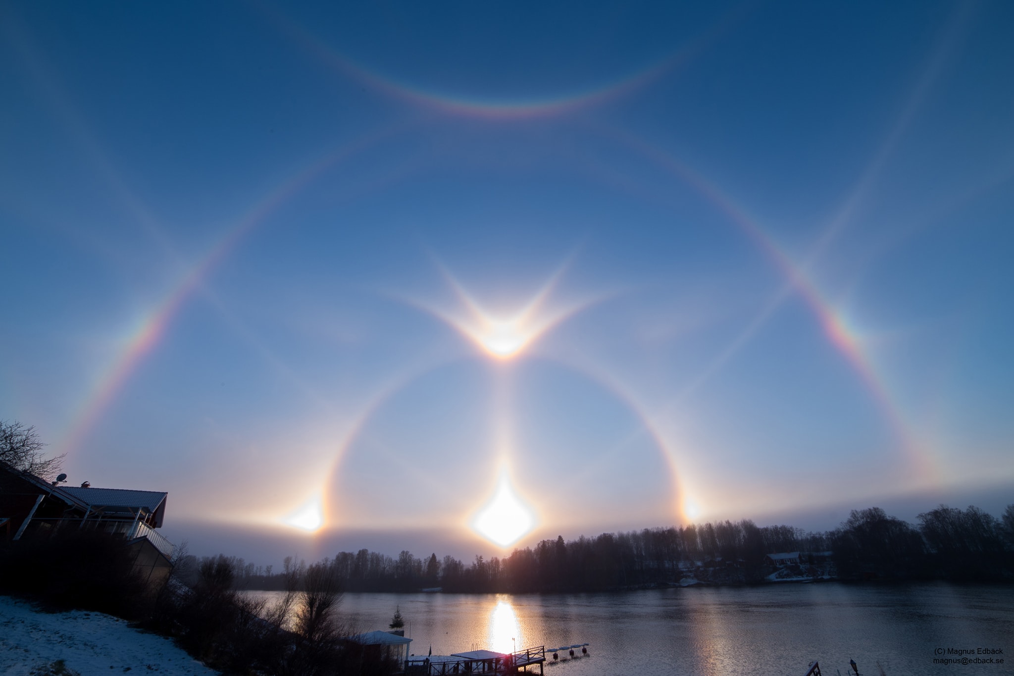 Welcome to the December Solstice, the first day of winter in planet Earth's northern hemisphere and summer in the south. To celebrate, consider this extraordinary display of beautiful solar ice halos! More common than rainbows, simple ice halos can be easy to spot, especially if you can shade your eyes from direct sunlight. Still it's extremely rare to see anything close to the complex of halos present in this astounding scene. Captured at lunchtime on a cold December 14 near Utendal, Sweden the image includes the relatively ordinary 22 degree halo, sundogs (parhelia) and sun pillars. The extensive array of rarer halos has been identified along with previously unknown features. All the patterns are generated as sunlight (or moonlight) is reflected and refracted in flat six-sided water ice crystals in Earth's atmosphere. In this case, likely local contributors to the atmospheric ice crystals are snow making machines operating at a nearby ski center.