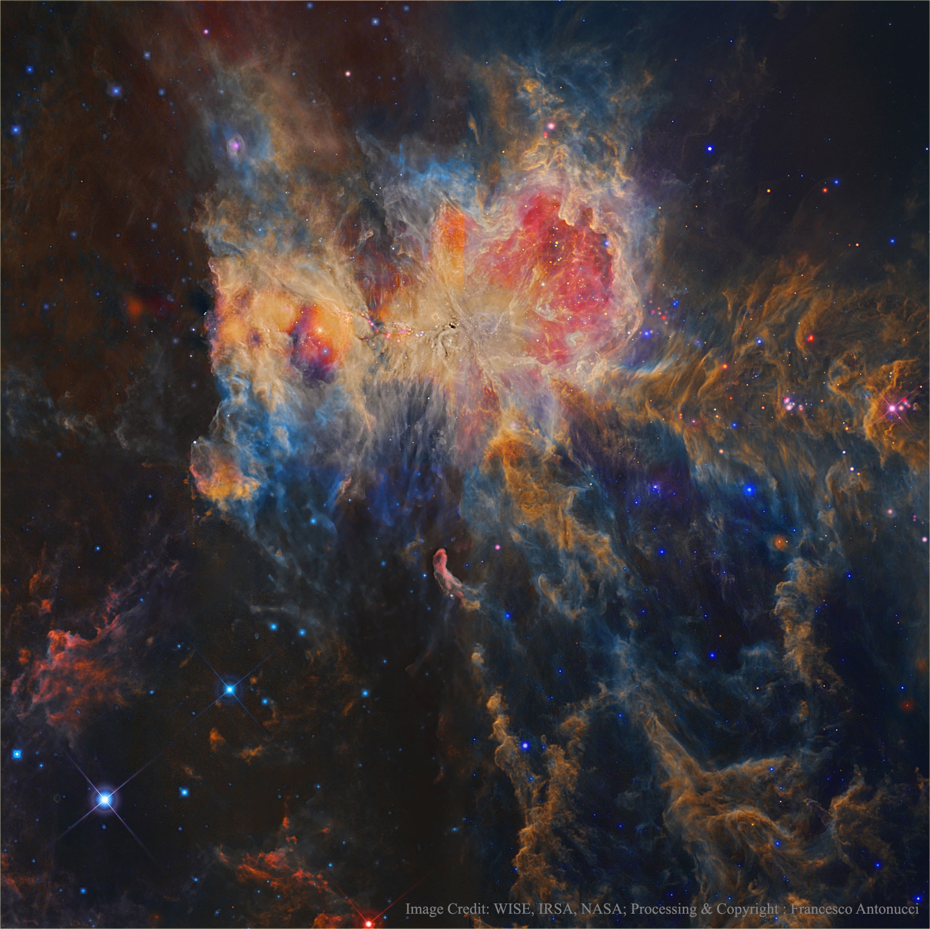 The Great Nebula in Orion is an intriguing place. Visible to the unaided eye, it appears as a small fuzzy patch in the constellation of Orion. But this image, an illusory-color four-panel mosaic taken in different bands of infrared light with the Earth orbiting WISE observatory, shows the Orion Nebula to be a bustling neighborhood of recently formed stars, hot gas, and dark dust. The power behind much of the Orion Nebula (M42) is the stars of the Trapezium star cluster, seen near the center of the featured image. The orange glow surrounding the bright stars pictured here is their own starlight reflected by intricate dust filaments that cover much of the region. The current Orion Nebula cloud complex, which includes the Horsehead Nebula, will slowly disperse over the next 100,000 years. News: New Horizons Results from Ultima Thule