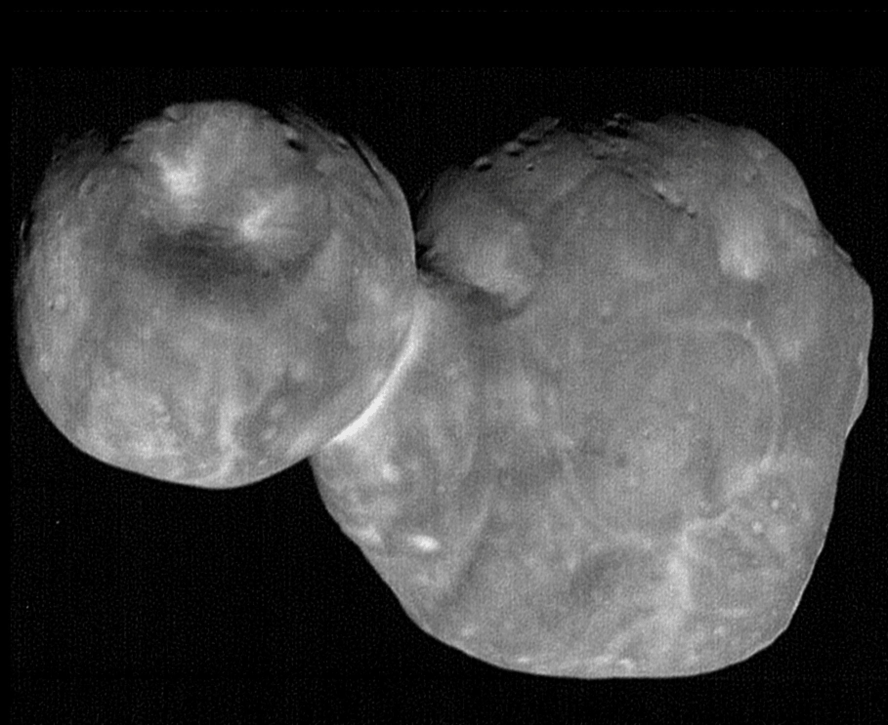On January 1, New Horizons swooped to within 3,500 kilometers of the Kuiper Belt world known as Ultima Thule. That's about 3 times closer than its July 2015 closest approach to Pluto. The spacecraft's unprecedented feat of navigational precision, supported by data from ground and space-based observing campaigns, was accomplished 6.6 billion kilometers (over 6 light-hours) from planet Earth. Six and a half minutes before closest approach to Ultima Thule it captured the nine frames used in this composite image. The most detailed picture possible of the farthest object ever explored, the image has a resolution of about 33 meters per pixel, revealing intriguing bright surface features and dark shadows near the terminator. A primitive Solar System object, Ultima Thule's two lobes combine to span just 30 kilometers. The larger lobe, referred to as Ultima, is recently understood to be flattened like a fluffy pancake, while the smaller, Thule, has a shape that resembles a dented walnut.