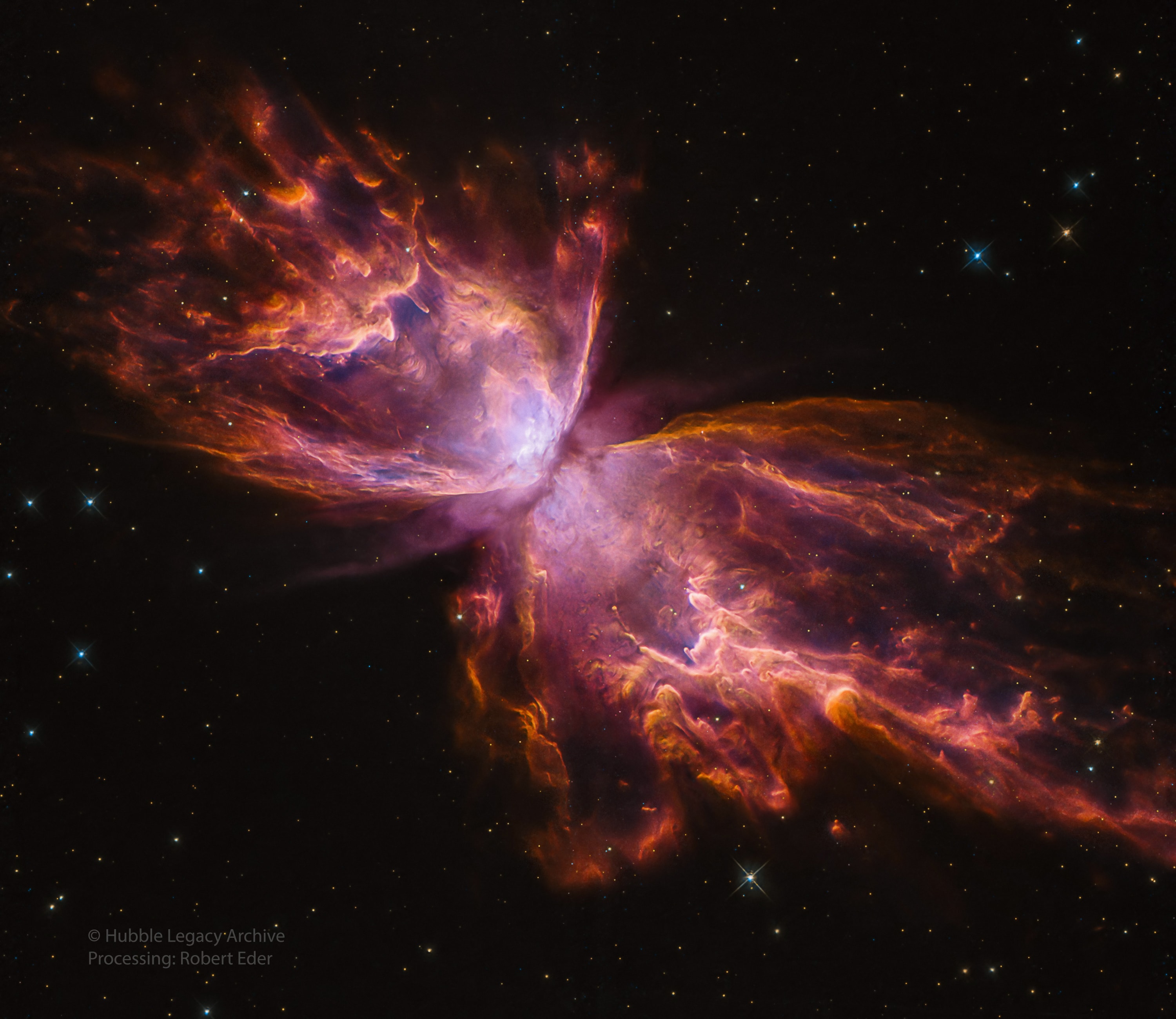 The bright clusters and nebulae of planet Earth's night sky are often named for flowers or insects. Though its wingspan covers over 3 light-years, NGC 6302 is no exception. With an estimated surface temperature of about 250,000 degrees C, the dying central star of this particular planetary nebula has become exceptionally hot, shining brightly in ultraviolet light but hidden from direct view by a dense torus of dust. This sharp close-up was recorded by the Hubble Space Telescope in 2009. The Hubble image data is reprocessed here, showing off the remarkable details of the complex planetary nebula. Cutting across a bright cavity of ionized gas, the dust torus surrounding the central star is near the center of this view, almost edge-on to the line-of-sight. Molecular hydrogen has been detected in the hot star's dusty cosmic shroud. NGC 6302 lies about 4,000 light-years away in the arachnologically correct constellation of the Scorpion (Scorpius).
