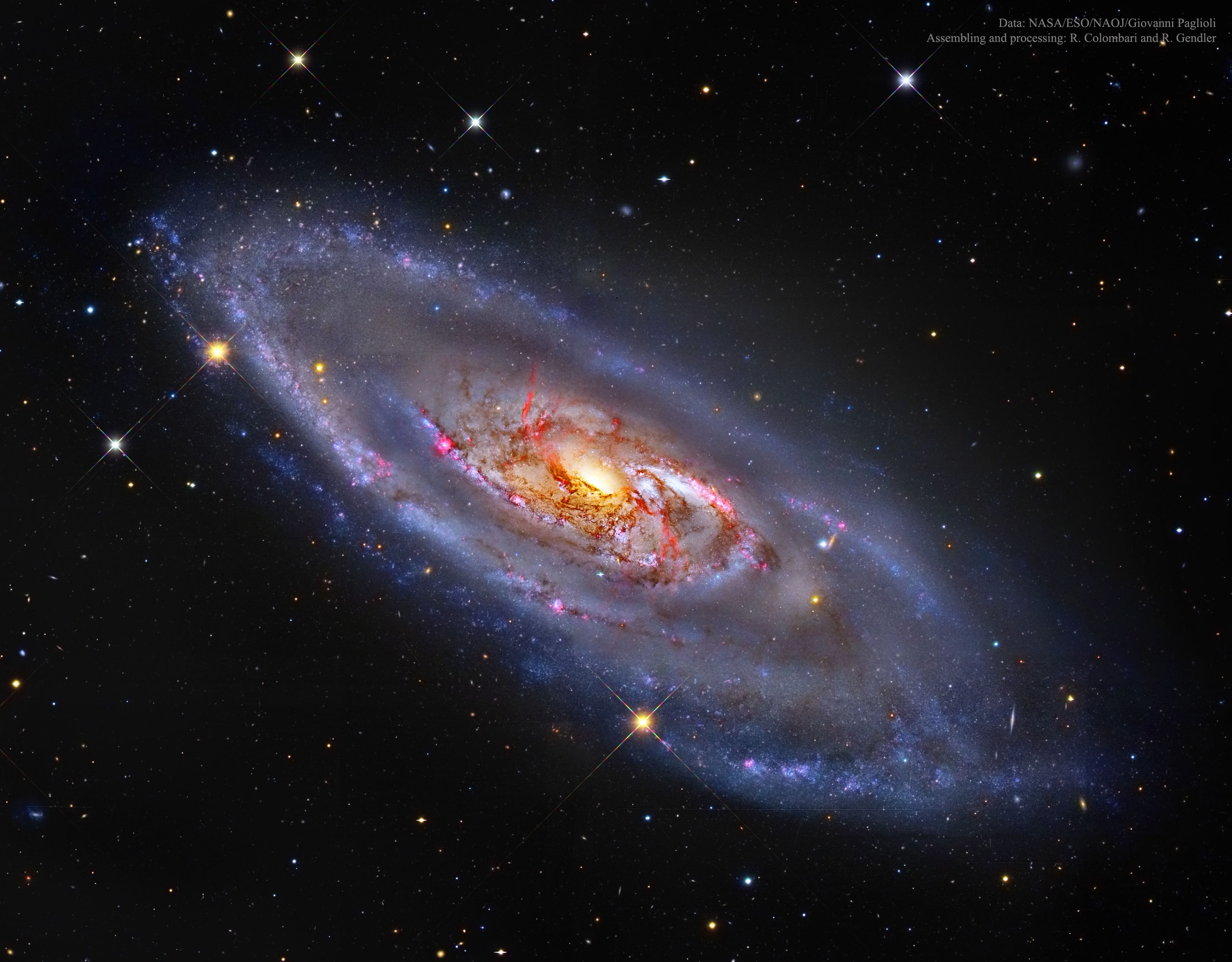 What's happening at the center of spiral galaxy M106? A swirling disk of stars and gas, M106's appearance is dominated by blue spiral arms and red dust lanes near the nucleus, as shown in the featured image. The core of M106 glows brightly in radio waves and X-rays where twin jets have been found running the length of the galaxy. An unusual central glow makes M106 one of the closest examples of the Seyfert class of galaxies, where vast amounts of glowing gas are thought to be falling into a central massive black hole. M106, also designated NGC 4258, is a relatively close 23.5 million light years away, spans 60 thousand light years across, and can be seen with a small telescope towards the constellation of the Hunting Dogs (Canes Venatici). Astrophysicists: Browse 1,900+ codes in the Astrophysics Source Code Library