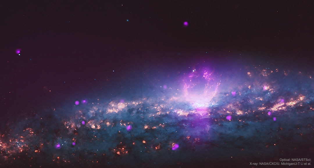 What created these huge galactic superbubbles? Two of these unusual bubbles, each spanning thousands of light-years, were recently discovered near the center of spiral galaxy NGC 3079. The superbubbles, shown in purple on the image right, are so hot they emit X-rays detected by NASA's Earth-orbiting Chandra X-Ray Observatory. Since the bubbles straddle the center of NGC 3079, a leading hypothesis is that they were somehow created by the interaction of the central supermassive black hole with surrounding gas. Alternatively, the superbubbles might have been created primarily by the energetic winds from many young and hot stars near that galaxy's center. The only similar known phenomenon is the gamma-ray emitting Fermi bubbles emanating from the center of our Milky Way Galaxy, discovered 10 years ago in images taken by NASA's Fermi satellite. Research into the nature of the NGC 3079 superbubbles will surely continue, as well as searches for high-energy superbubbles in other galaxies.