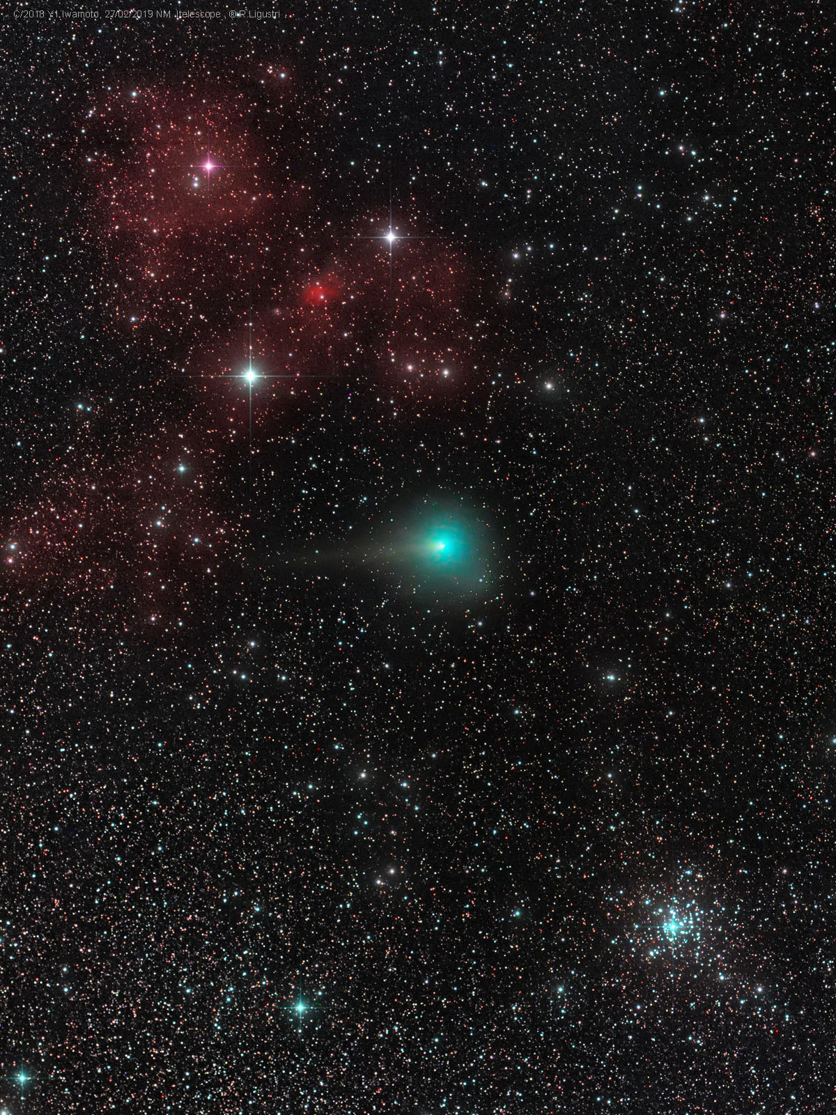 Still racing across planet Earth's night skies, Comet Iwamoto (C/2018 Y1) shares this pretty telescopic field of view with stars and nebulae of northern constellation Auriga, the Charioteer. Captured on February 27, Iwamoto's greenish coma and faint tail appear between a complex of reddish emission nebulae and open star cluster M36 (bottom right). The reddish emission is light from hydrogen gas ionized by ultraviolet radiation from hot stars near the region's giant molecular cloud some 6,000 light-years distant. The greenish glow from the comet, less than 5 light-minutes away, is predominantly emission from diatomic carbon molecules fluorescing in sunlight. M36, one of Auriga's more familiar star clusters, is also a background object far beyond the Solar System, about 4,000 light-years away. Comet Iwamoto passed closest to Earth on February 12 and is outward bound in a highly elliptical orbit that will carry it beyond the Kuiper belt. With an estimated orbital period of 1,317 years it should return to the inner Solar System in 3390 AD.