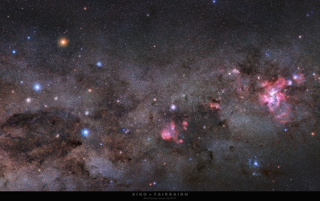 Tracking along the southern Milky Way this beautiful celestial mosaic was recorded under dark Brazilian skies. Spanning some 20 degrees it actually starts with the dark expanse of the Coalsack nebula at the lower left, tucked under an arm of the Southern Cross. That compact constellation is topped by bright yellowish Gamma Crucis, a cool giant star a mere 88 light-years distant. A line from Gamma Crucis through the blue star at the bottom of the cross, Alpha Crucis, points toward the South Celestial Pole. Follow the Milky Way to the right and your gaze will sweep across IC 2948, popularly known as the Running Chicken nebula, before it reaches Eta Carinae and the Carina Nebula near the right edge of the frame. About 200 light-years across, the Carina Nebula is a star forming region much larger than the more northerly stellar nursery the Orion Nebula. The Carina Nebula lies around 7,500 light-years from Earth along the plane of the Milky Way.