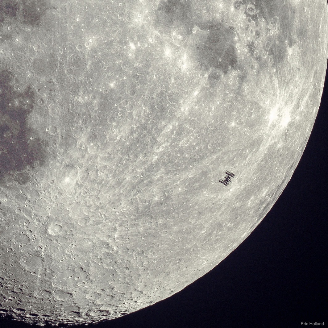 What's that unusual spot on the Moon? It's the International Space Station. Using precise timing, the Earth-orbiting space platform was photographed in front of a partially lit gibbous Moon last month. The featured image was taken from Palo Alto, California, USA with an exposure time of only 1/667 of a second. In contrast, the duration of the transit of the ISS across the entire Moon was about half a second. A close inspection of this unusually crisp ISS silhouette will reveal the outlines of numerous solar panels and trusses. The bright crater Tycho is visible on the lower left, as well as comparatively rough, light colored terrain known as highlands, and relatively smooth, dark colored areas known as maria. On-line tools can tell you when the International Space Station will be visible from your area. Newly Added Venue: APOD now available on Instagram in Persian