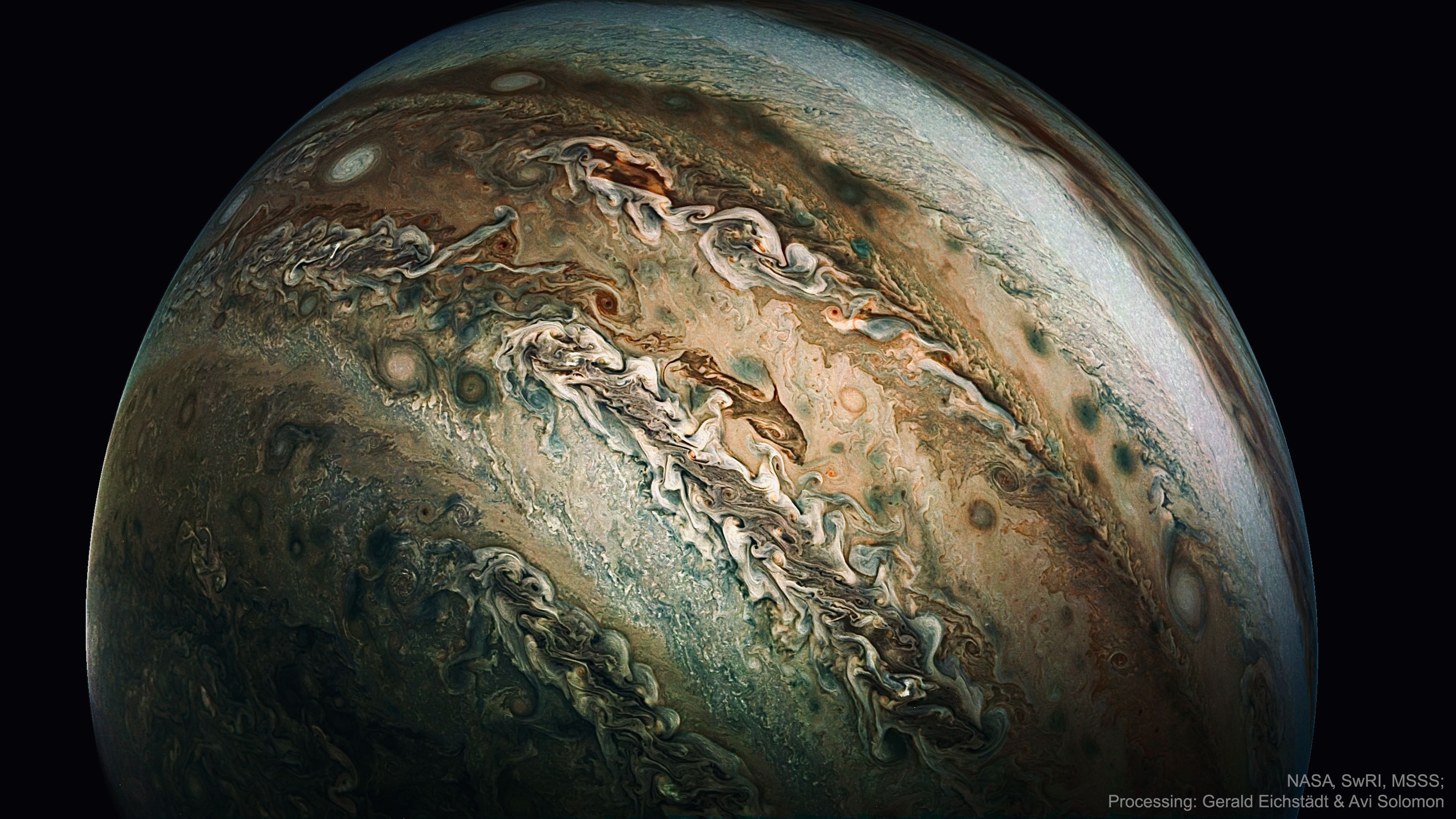 Do you see the dolphin-shaped cloud on Jupiter? The cloud was visible last year during perijove 16, the sixteenth time that NASA's robotic spacecraft Juno passed near Jupiter since it arrived in mid-2016. During each perijove, Juno passes near a slightly different part of Jupiter's cloud tops. The dolphin shape may be surprising but is not scientifically significant -- clouds on Jupiter and Earth are constantly shifting and can temporarily mimic many familiar shapes. The cloud appears in Jupiter's South Temperate Belt (STB), a band of dark and dropping clouds that rings the planet and also contains Oval BA, dubbed Red Spot Jr. The featured image was digitally processed to enhance color and contrast. Juno's next swoop near Jupiter -- perijove 20 -- will occur on late May.