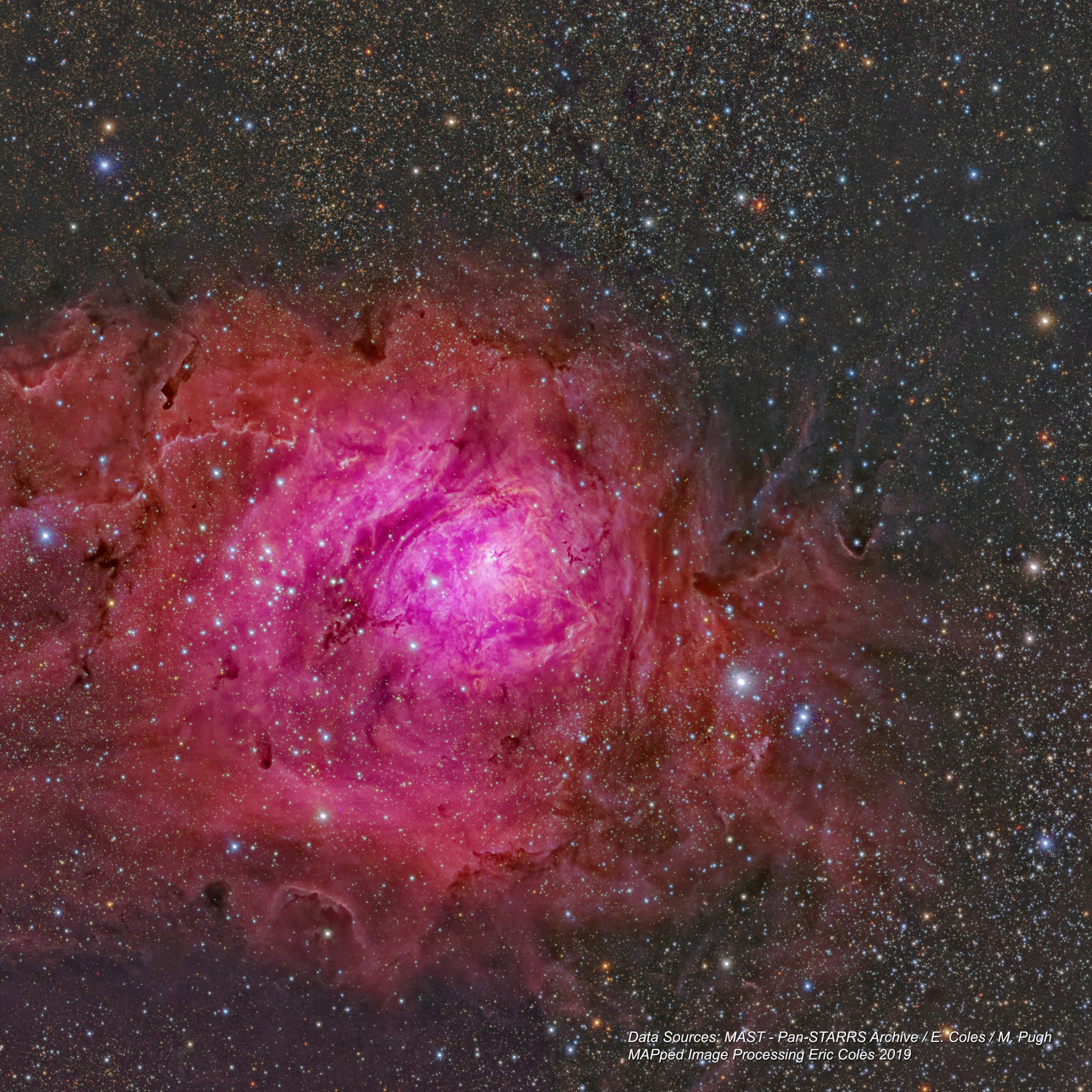 Ridges of glowing interstellar gas and dark dust clouds inhabit the turbulent, cosmic depths of the Lagoon Nebula. Also known as M8, the bright star forming region is about 5,000 light-years distant. But it still makes for a popular stop on telescopic tours of the constellation Sagittarius, toward the center of our Milky Way Galaxy. Dominated by the telltale red emission of ionized hydrogen atoms recombining with stripped electrons, this stunning view of the Lagoon is over 100 light-years across. At its center, the bright, compact, hourglass shape is gas ionized and sculpted by energetic radiation and extreme stellar winds from a massive young star. In fact, the many bright stars of open cluster NGC 6530 drift within the nebula, just formed in the Lagoon several million years ago. Broadband image data from Pan-STARRS (Panoramic Survey Telescope & Rapid Response System) was combined with narrowband data from amateur telescopes to create this wide and deep portrait of the Lagoon Nebula.