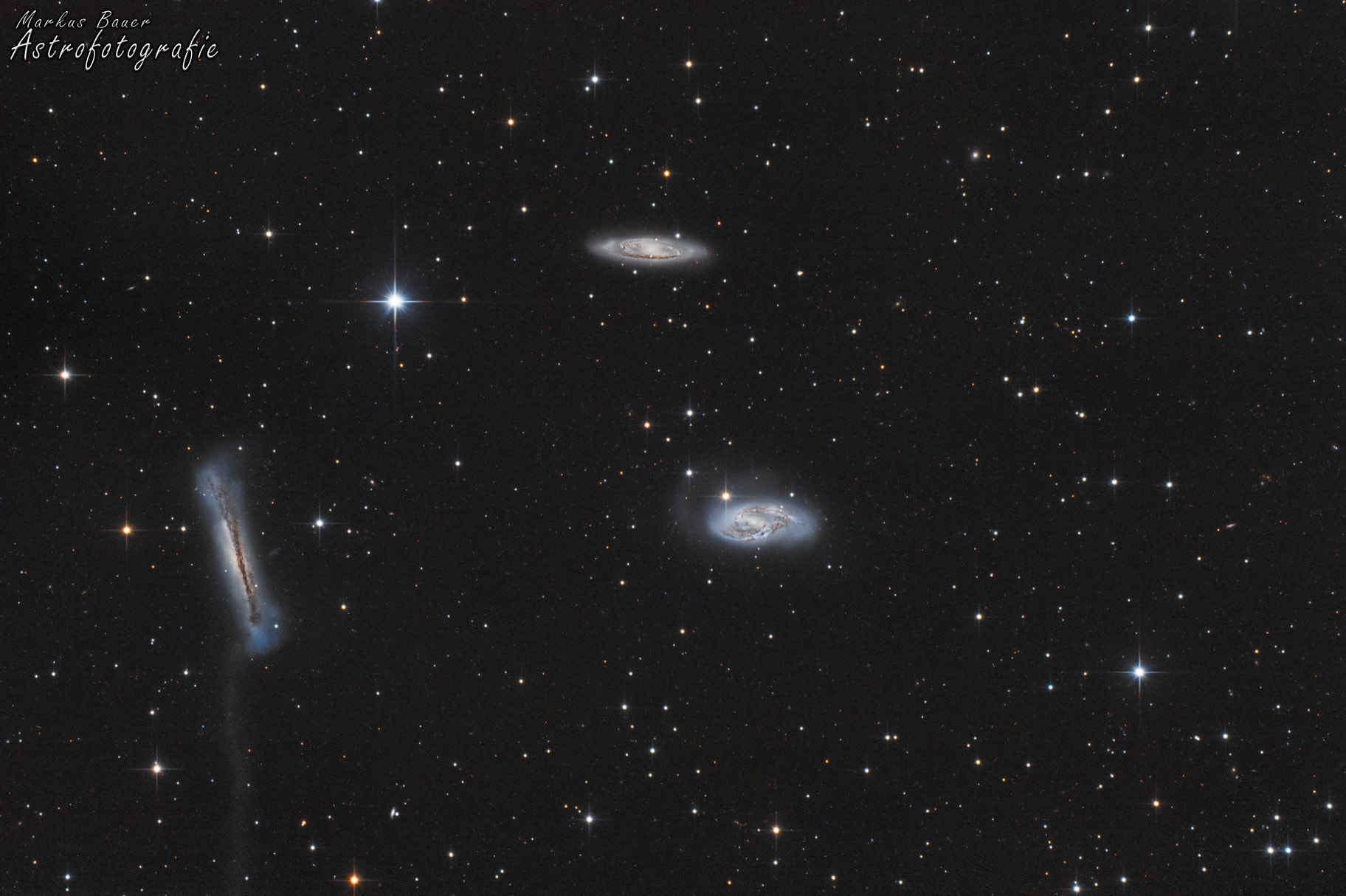 This group is popular in the northern spring. Famous as the Leo Triplet, the three magnificent galaxies gather in one field of view. Crowd pleasers when imaged with even modest telescopes, they can be introduced individually as NGC 3628 (left), M66 (bottom right), and M65 (top). All three are large spiral galaxies but they tend to look dissimilar because their galactic disks are tilted at different angles to our line of sight. NGC 3628, also known as the Hamburger Galaxy, is temptingly seen edge-on, with obscuring dust lanes cutting across its puffy galactic plane. The disks of M66 and M65 are both inclined enough to show off their spiral structure. Gravitational interactions between galaxies in the group have left telltale signs, including the tidal tails and warped, inflated disk of NGC 3628 and the drawn out spiral arms of M66. This gorgeous view of the region spans almost two degrees (four full moons) on the sky. The field covers about a million light-years at the trio's estimated distance of 30 million light-years. Of course the spiky foreground stars lie within our own Milky Way.
