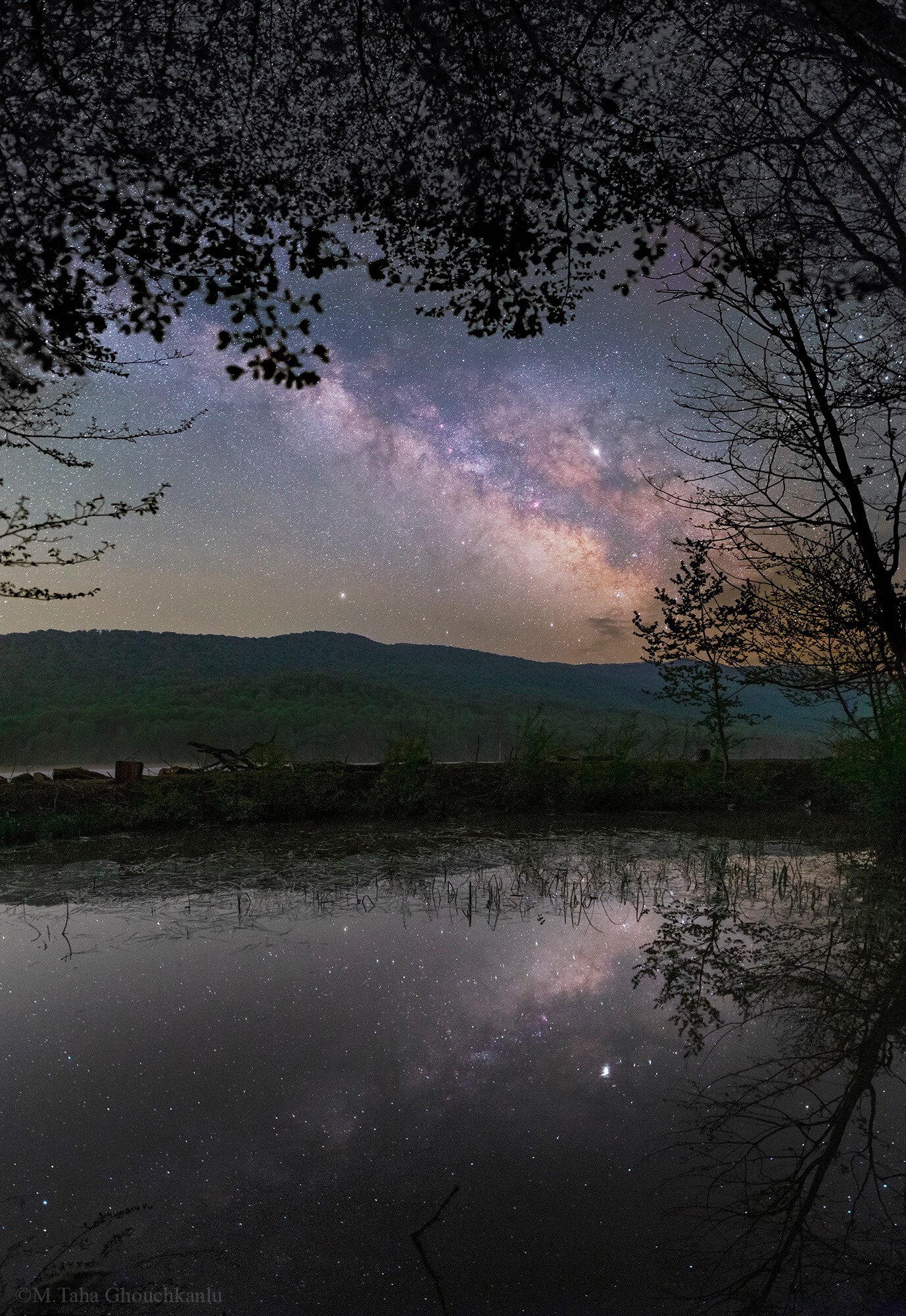 A postcard from planet Earth, this springtime night skyscape looks over Alandan lake in the Alborz mountains. Taken after local midnight on April 17, the central Milky Way is rising over the region's southeast horizon. Its luminous track of stars and nebulae along the plane of our galaxy are reflected in the mirror-like lake. The brightest celestial beacon mingled with the diffuse galactic starlight is Jupiter. Slightly dimmer, Saturn is below and left just above the mountains. As spring brought leaves to the trees and the galactic center to the northern night the photographer found it also gave frogs their voices, heard like a melody across the calm water.
