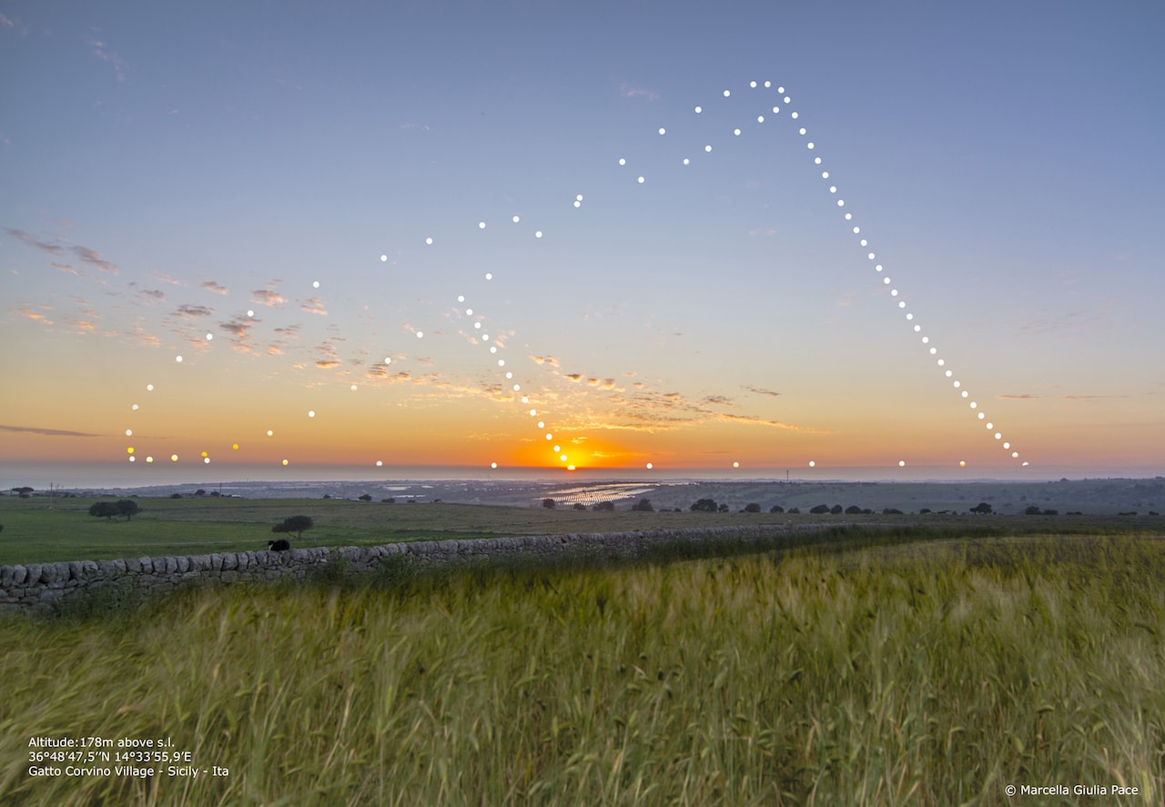 Today, the solstice is at 15:54 Universal Time, the Sun reaching the northernmost declination in its yearly journey through planet Earth's sky. A June solstice marks the astronomical beginning of summer in the northern hemisphere and winter in the south. It also brings the north's longest day, the longest period between sunrise and sunset. In fact the June solstice sun is near the top, at the most northern point in the analemma or figure 8 curve traced by the position of the Sun in this composite photo. The analemma was created (video) from images taken every 10 days at the same time from June 21, 2018 and June 7, 2019. The time was chosen to be the year's earliest sunset near the December solstice, so the analemma's lowest point just kisses the unobstructed sea horizon at the left. Sunsets arranged along the horizon toward the right (north) are centered on the sunset at the September equinox and end with sunset at the June solstice.