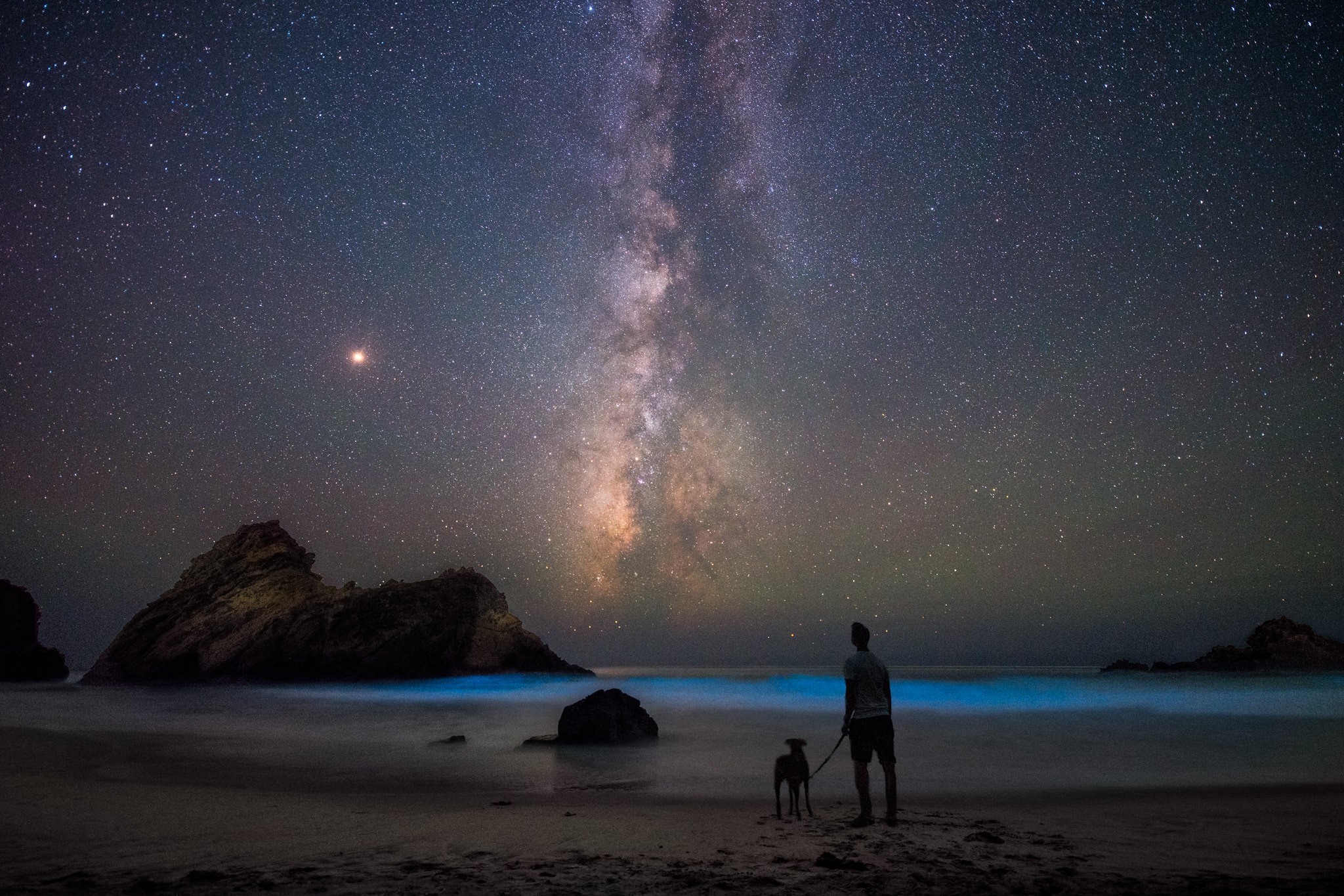 At the end of last year's northern summer, after its dazzling opposition, Mars still shone brightly in the night. The celestial beacon easily attracted the attention of these two night skygazers who stood still for just a while, but long enough to be captured in the sea and night skyscape from Big Sur, planet Earth. Its central bulge near the southwestern horizon, the Milky Way runs through the scene too, while the long exposure also reveals a faint blue bioluminescence blooming in the waves along Pfeiffer Beach. Now much fainter, Mars can be spotted near the western horizon after sunset, but this month Jupiter is near its closest and brightest, reaching its own opposition on June 10. Night skygazers can spot brilliant Jupiter over southern horizons, glaring next to the stars toward the central Milky Way.