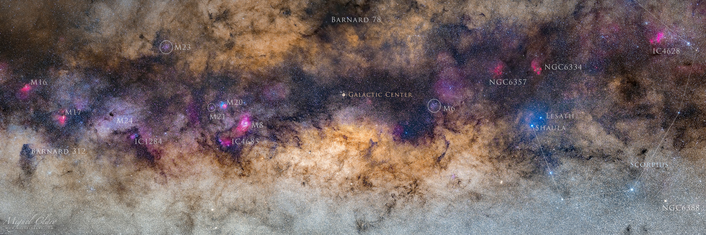 The center of our Milky Way galaxy can be found some 26,000 light-years away toward the constellation Sagittarius. Even on a dark night, you can't really see it though. Gaze in that direction, and your sight-line is quickly obscured by intervening interstellar dust. In fact, dark dust clouds, glowing nebulae, and crowded starfieds are packed along the fertile galactic plane and central regions of our galaxy. This annotated view, a mosaic of dark sky images, highlights some favorites, particularly for small telescope or binocular equipped skygazers. The cropped version puts the direction to the galactic center on the far right. It identifies well-known Messier objects like the Lagoon nebula (M8), the Trifid (M20), star cloud M24, and some of E.E. Barnard's dark markings on the sky. A full version extends the view to the right toward the constellation Scorpius, in all covering over 20 degrees across the center of the Milky Way.