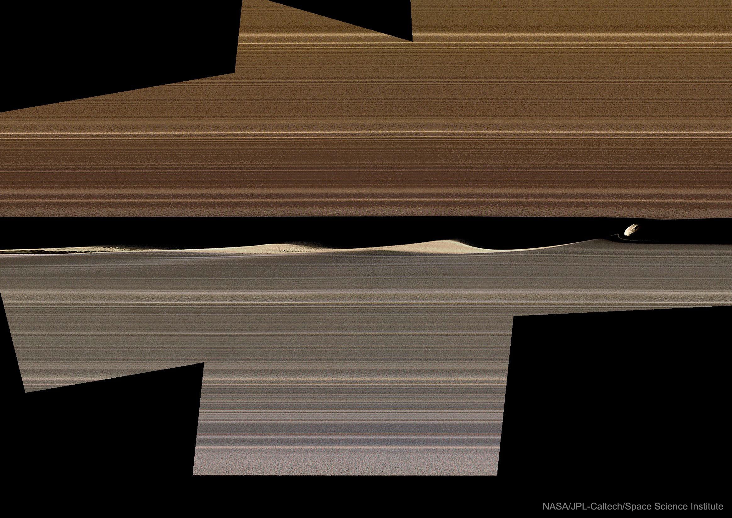 What's happening to the rings of Saturn? A little moon making big waves. The moon is 8-kilometer Daphnis and it is making waves in the Keeler Gap of Saturn's rings using just its gravity -- as it bobs up and down, in and out. The featured image is a colored and more detailed version of a previously released images taken in 2017 by the robotic Cassini spacecraft during one of its Grand Finale orbits. Daphnis can be seen on the far right, sporting ridges likely accumulated from ring particles. Daphnis was discovered in Cassini images in 2005 and raised mounds of ring particles so high in 2009 -- during Saturn's equinox when the ring plane pointed directly at the Sun -- that they cast notable shadows.