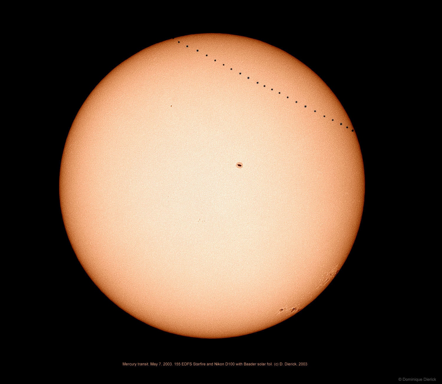 Tomorrow -- Monday -- Mercury will cross the face of the Sun, as seen from Earth. Called a transit, the last time this happened was in 2016. Because the plane of Mercury's orbit is not exactly coincident with the plane of Earth's orbit, Mercury usually appears to pass over or under the Sun. The featured time-lapse sequence, superimposed on a single frame, was taken from a balcony in Belgium shows the entire transit of 2003 May 7. That solar crossing lasted over five hours, so that the above 23 images were taken roughly 15 minutes apart. The north pole of the Sun, the Earth's orbit, and Mercury's orbit, although all different, all occur in directions slightly above the left of the image. Near the center and on the far right, sunspots are visible. After Monday, the next transit of Mercury will occur in 2032. Watch: the November 11 Transit of Mercury from Earth or from Space.