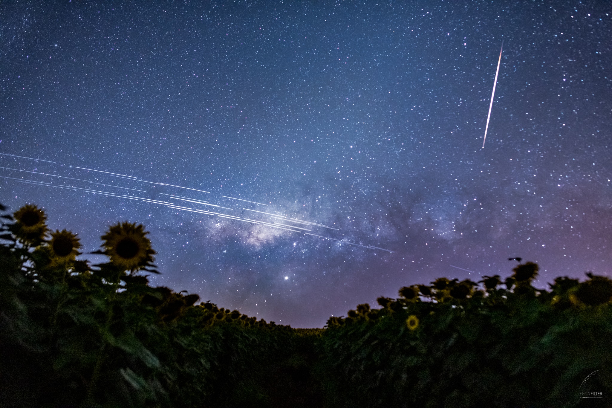 What are those streaks over the horizon? New Starlink satellites reflecting sunlight. SpaceX launched 60 Starlink communication satellites in May and 60 more in November. These satellites and thousands more are planned by communications companies in the next few years that may make streaks like these relatively common. Concern has been voiced by many in the astronomical community about how reflections from these satellites may affect future observations into space. In the pictured composite of 33 exposures, parallel streaks from Starlink satellites are visible over southern Brazil. Sunflowers dot the foreground, while a bright meteor was caught by chance on the upper right. Satellite reflections are not new -- the constellation of 66 first-generation Iridium satellites launched starting 20 years ago produced some flares so bright that they could be seen during the day. Most of these old Iridium satellites, however, have been de-orbited over the past few years. Infinite Loop: Create an APOD Station in your classroom or Science Center.