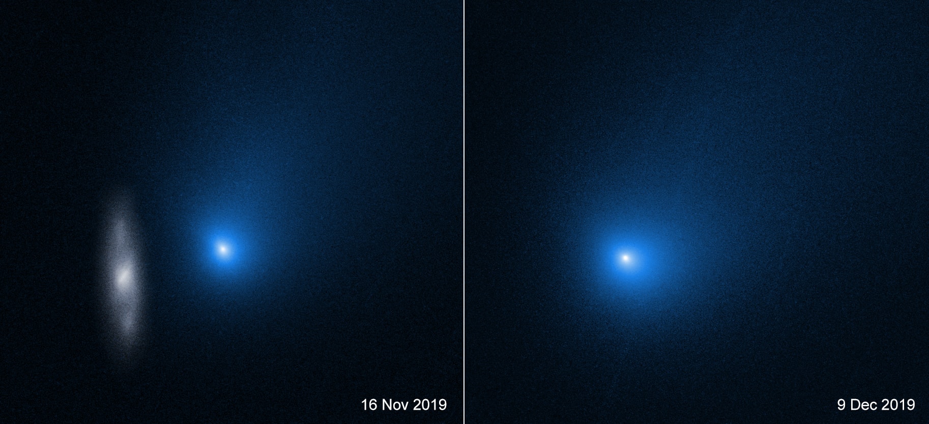 From somewhere else in the Milky Way galaxy, Comet 2I/Borisov is just visiting the Solar System. Discovered by Crimean amateur astronomer Gennady Borisov on August 30, 2019, the first known interstellar comet is captured in these two recent Hubble Space Telescope images. On the left, a distant background galaxy near the line-of-sight to Borisov is blurred as Hubble tracked the speeding comet and dust tail about 327 million kilometers from Earth. At right, 2I/Borisov appears shortly after perihelion, its closest approach to Sun. Borisov's closest approach to our fair planet, a distance of about 290 million kilometers, will come on December 28. Even though Hubble's sharp images don't resolve the comet's nucleus, they do lead to estimates of less than 1 kilometer for its diameter.