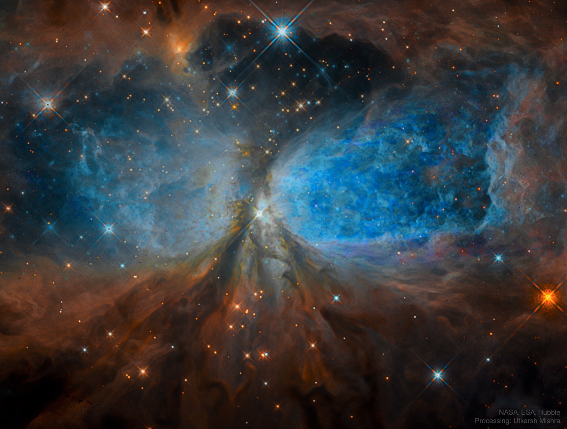 Massive star IRS 4 is beginning to spread its wings. Born only about 100,000 years ago, material streaming out from this newborn star has formed the nebula dubbed Sharpless 2-106 Nebula (S106), featured here. A large disk of dust and gas orbiting Infrared Source 4 (IRS 4), visible in brown near the image center, gives the nebula an hourglass or butterfly shape. S106 gas near IRS 4 acts as an emission nebula as it emits light after being ionized, while dust far from IRS 4 reflects light from the central star and so acts as a reflection nebula. Detailed inspection of a relevant infrared image of S106 reveal hundreds of low-mass brown dwarf stars lurking in the nebula's gas. S106 spans about 2 light-years and lies about 2000 light-years away toward the constellation of the Swan (Cygnus).