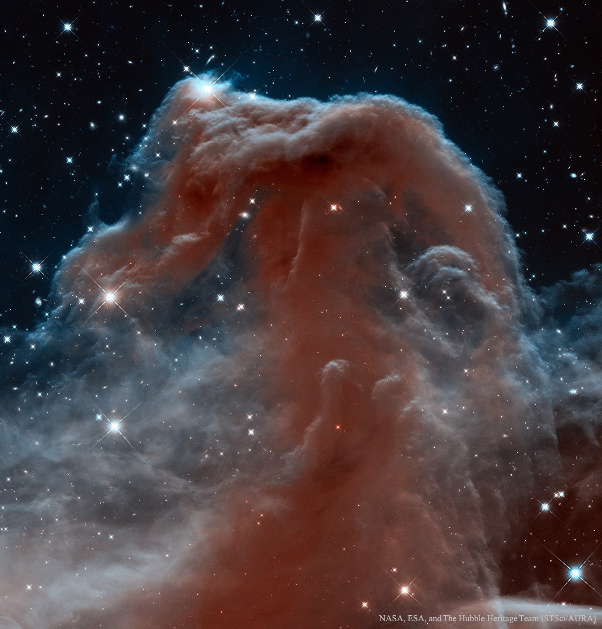 While drifting through the cosmos, a magnificent interstellar dust cloud became sculpted by stellar winds and radiation to assume a recognizable shape. Fittingly named the Horsehead Nebula, it is embedded in the vast and complex Orion Nebula (M42). A potentially rewarding but difficult object to view personally with a small telescope, the above gorgeously detailed image was taken in 2013 in infrared light by the orbiting Hubble Space Telescope in honor of the 23rd anniversary of Hubble's launch. The dark molecular cloud, roughly 1,500 light years distant, is cataloged as Barnard 33 and is seen above primarily because it is backlit by the nearby massive star Sigma Orionis. The Horsehead Nebula will slowly shift its apparent shape over the next few million years and will eventually be destroyed by the high energy starlight. April: (AWB's) Global Astronomy Month