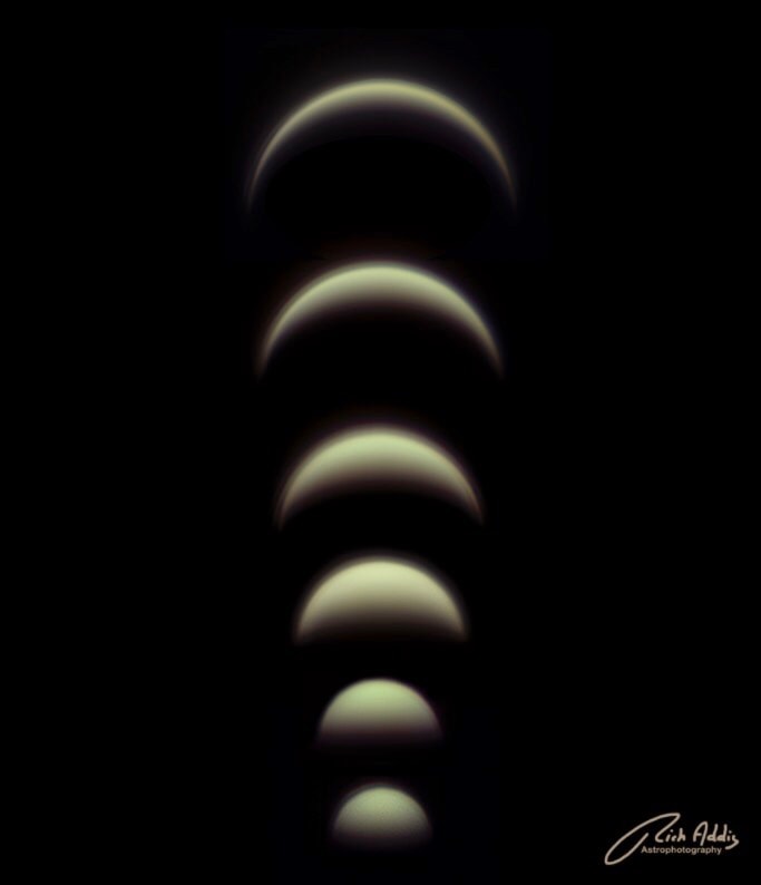 Just as the Moon goes through phases, Venus' visible sunlit hemisphere waxes and wanes. This composite of backyard telescopic images illustrates the steady changes for Venus during its current stint as our evening star, as the inner planet grows larger but narrows to a thin crescent. Images from bottom to top were taken during 2020 on dates February 27, March 20, April 14, April 24, May 8, and May 14. Gliding along its interior orbit between Earth and Sun, Venus grows larger during that period because it is approaching planet Earth. Its crescent narrows, though, as Venus swings closer to our line-of-sight to the Sun. Closest to the Earth-Sun line but passing about 1/2 degree north of the Sun on June 3, Venus will reach a (non-judgmental) inferior conjunction. Soon after, Venus will shine clearly above the eastern horizon in predawn skies as planet Earth's morning star. After sunset tonight look for Venus above the western horizon and you can also spot elusive innermost planet Mercury.