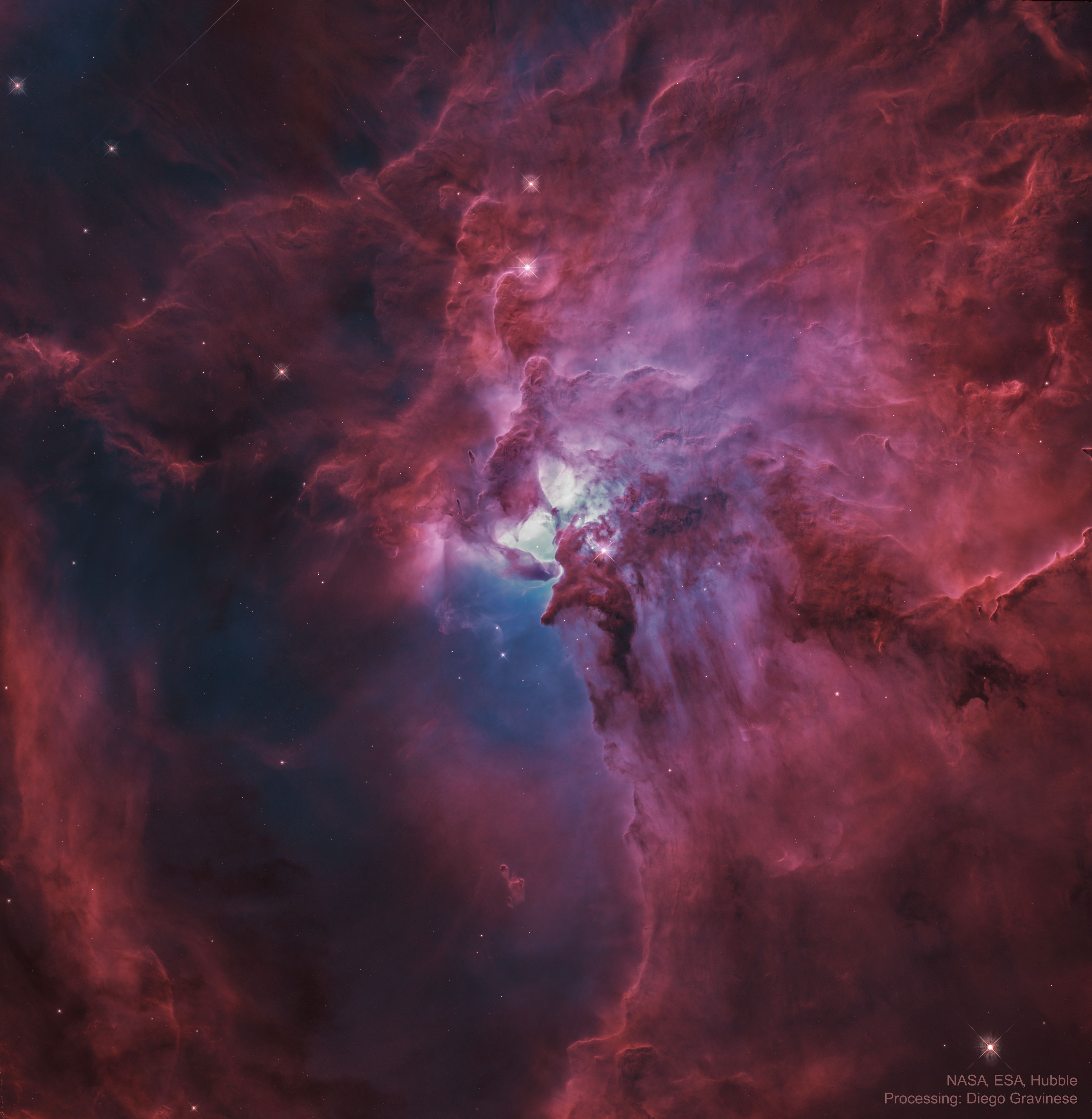 The center of the Lagoon Nebula is a whirlwind of spectacular star formation. Visible near the image center, at least two long funnel-shaped clouds, each roughly half a light-year long, have been formed by extreme stellar winds and intense energetic starlight. A tremendously bright nearby star, Herschel 36, lights the area. Vast walls of dust hide and redden other hot young stars. As energy from these stars pours into the cool dust and gas, large temperature differences in adjoining regions can be created generating shearing winds which may cause the funnels. This picture, spanning about 15 light years, features two colors detected by the orbiting Hubble Space Telescope. The Lagoon Nebula, also known as M8, lies about 5000 light years distant toward the constellation of the Archer Sagittarius.