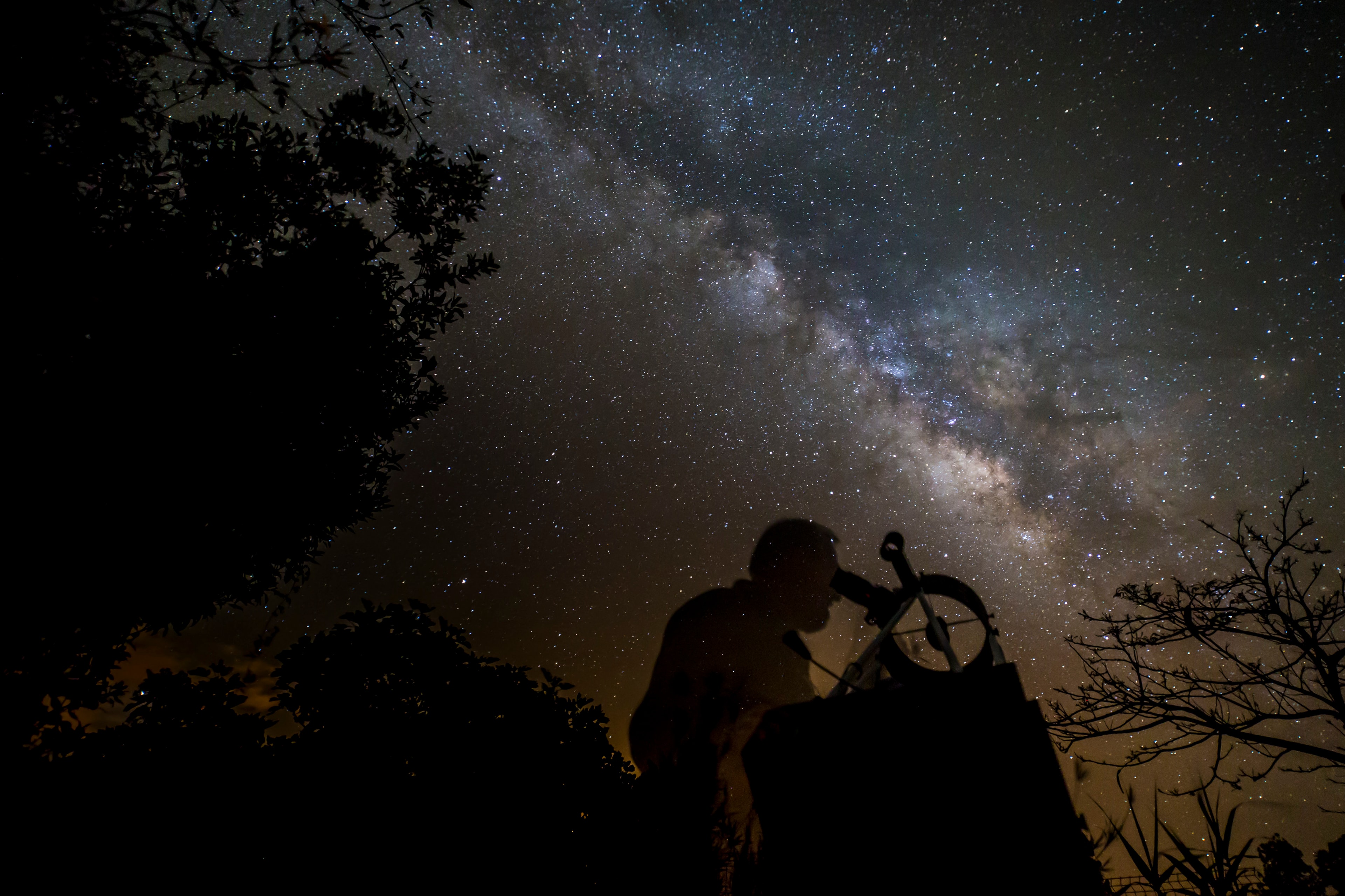 You can't walk along the Milky Way. Still, under a dark sky you can explore it. To the eye the pale luminous trail of light arcing through the sky on a dark, moonless night does appear to be a path through the heavens. The glowing celestial band is the faint, collective light of distant stars cut by swaths of obscuring interstellar dust clouds. It lies along the plane of our home galaxy, so named because it looks like a milky way. Since Galileo's time, the Milky Way has been revealed to telescopic skygazers to be filled with congeries of innumerable stars and cosmic wonders.