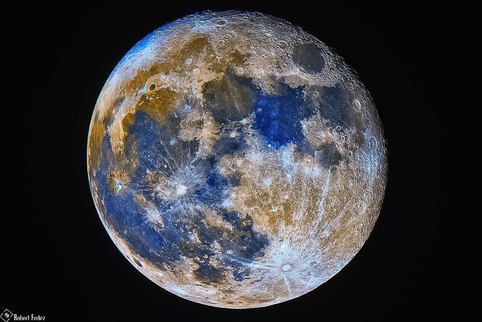 The Moon is normally seen in subtle shades of grey or gold. But small, measurable color differences have been greatly exaggerated to make this telescopic, multicolored, moonscape captured during the Moon's full phase. The different colors are recognized to correspond to real differences in the chemical makeup of the lunar surface. Blue hues reveal titanium rich areas while orange and purple colors show regions relatively poor in titanium and iron. The familiar Sea of Tranquility, or Mare Tranquillitatis, is the blue area toward the upper right. White lines radiate across the orange-hued southern lunar highlands from 85-kilometer wide ray-crater Tycho at bottom right. The full moon that occurred earlier this month could be counted as a seasonal blue moon because it was, unusually, the third of four full moons to occur during northern summer (and hence southern winter). The featured 272-image composite demonstrates that the full Moon is always blue, but usually not blue enough in hue to ooh. Almost Hyperspace: Random APOD Generator