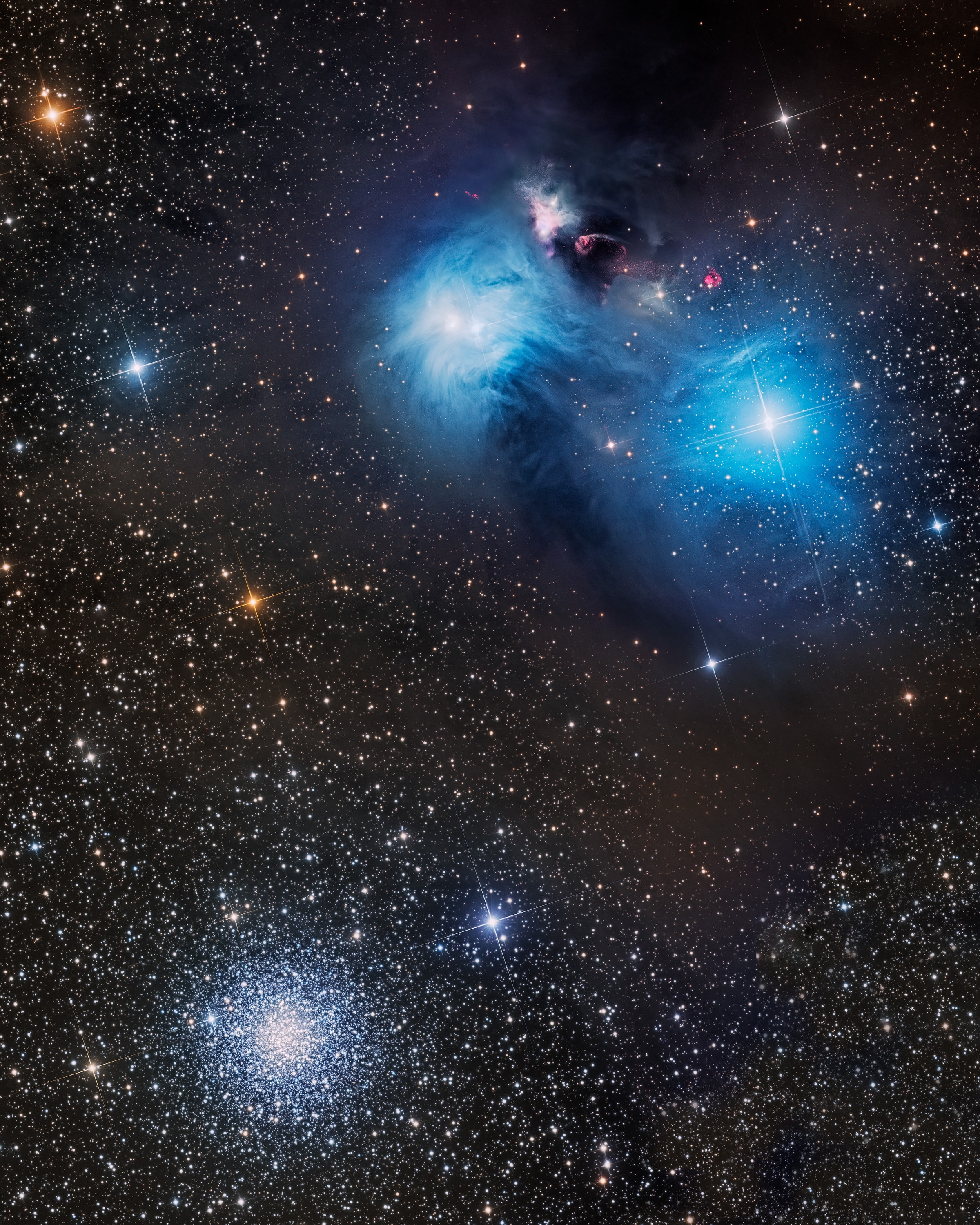 Cosmic dust clouds cross a rich field of stars in this telescopic vista near the northern boundary of Corona Australis, the Southern Crown. Less than 500 light-years away the dust clouds effectively block light from more distant background stars in the Milky Way. Top to bottom the frame spans about 2 degrees or over 15 light-years at the clouds' estimated distance. At top right is a group of lovely reflection nebulae cataloged as NGC 6726, 6727, 6729, and IC 4812. A characteristic blue color is produced as light from hot stars is reflected by the cosmic dust. The dust also obscures from view stars in the region still in the process of formation. Just above the bluish reflection nebulae a smaller NGC 6729 surrounds young variable star R Coronae Australis. To its right are telltale reddish arcs and loops identified as Herbig Haro objects associated with energetic newborn stars. Magnificent globular star cluster NGC 6723 is at bottom left in the frame. Though NGC 6723 appears to be part of the group, its ancient stars actually lie nearly 30,000 light-years away, far beyond the young stars of the Corona Australis dust clouds.