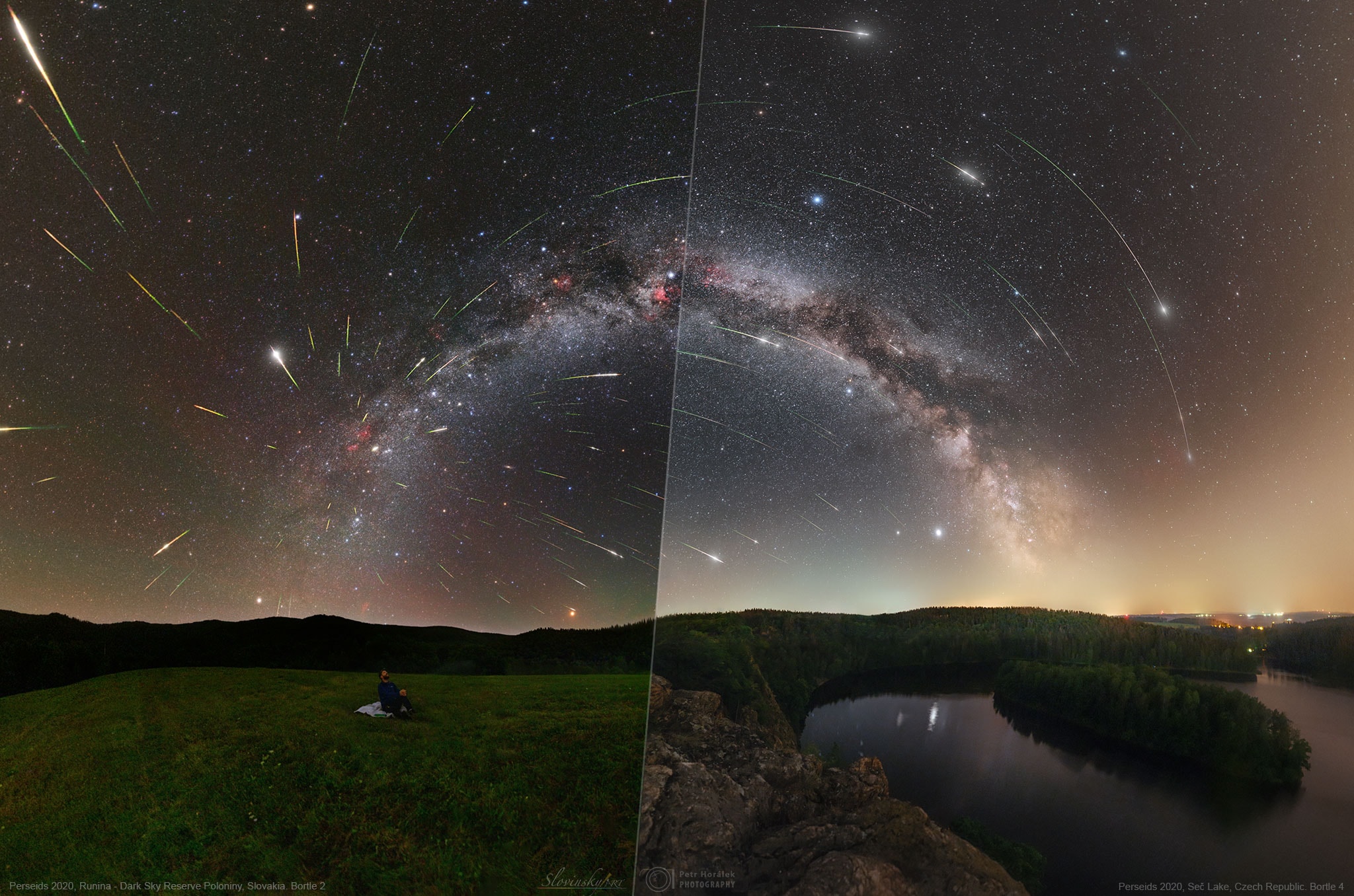 What's the best way to watch a meteor shower? This question might come up later this week when the annual Perseid Meteor Shower peaks. One thing that is helpful is a dark sky, as demonstrated in the featured composite image of last year's Perseids. Many more faint meteors are visible on the left image, taken through a very dark sky in Slovakia, than on the right image, taken through a moderately dark sky in the Czech Republic. The band of the Milky Way Galaxy bridges the two coordinated images, while the meteor shower radiant in the constellation of Perseus is clearly visible on the left. In sum, many faint meteors are lost through a bright sky. Light pollution is shrinking areas across our Earth with dark skies, although inexpensive ways to combat this might be implemented. Notable Perseids Submissions to APOD: 2018, 2019, 2020