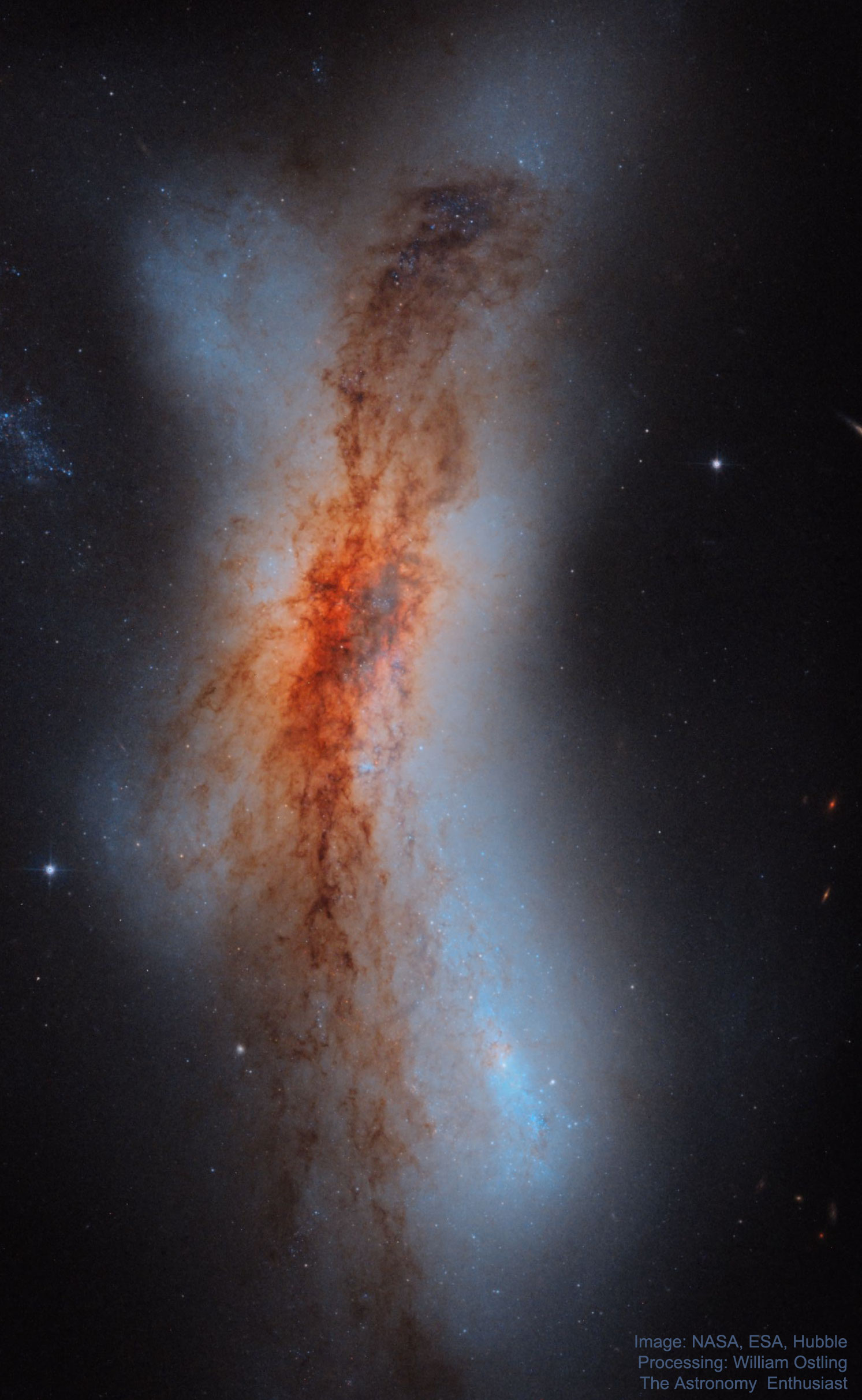 Is this one galaxy or two? The jumble of stars, gas, and dust that is NGC 520 is now thought to incorporate the remains of two separate disk galaxies. A defining component of NGC 520 -- as seen in great detail in the featured image from the Hubble Space Telescope -- is its band of intricately interlaced dust running vertically down the spine of the colliding galaxies. A similar looking collision might be expected in a few billion years when our disk Milky Way Galaxy to collides with our large-disk galactic neighbor Andromeda (M31). The collision that defines NGC 520 started about 300 million years ago. Also known as Arp 157, NGC 520 lies about 100 million light years distant, spans about 100 thousand light years, and can be seen with a small telescope toward the constellation of the Fish (Pisces). Although the speeds of stars in NGC 520 are fast, the distances are so vast that the battling pair will surely not change its shape noticeably during our lifetimes.