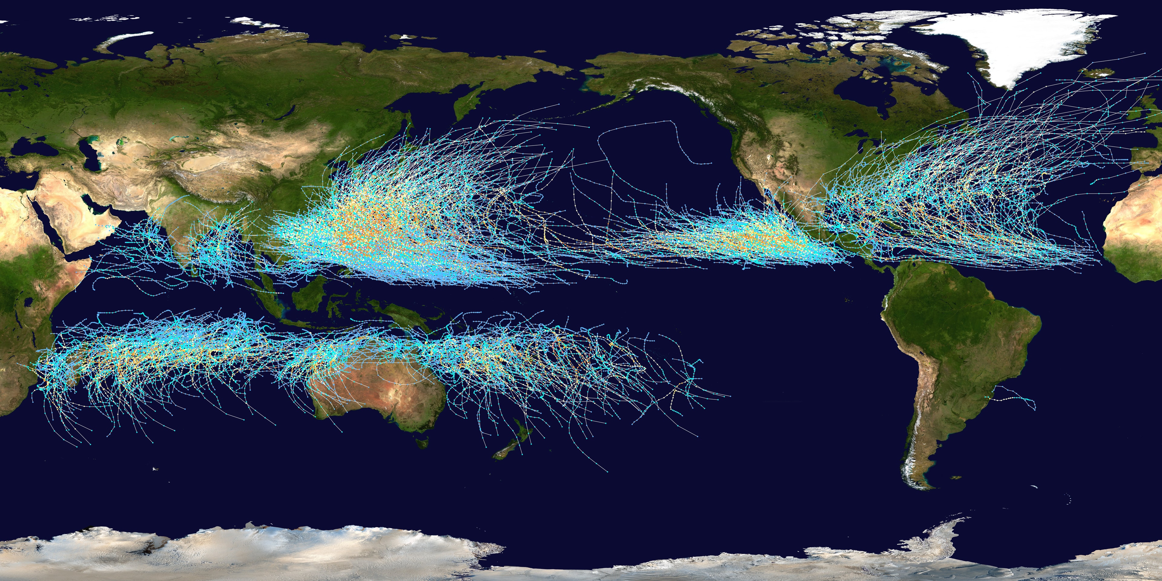 Where on Earth do cyclones go? Usually known as hurricanes when in the Atlantic Ocean and typhoons when in the Pacific, the featured map shows the path of all major storms from 1985 through 2005. The map shows graphically that cyclones usually occur over water, which makes sense since evaporating warm water gives them energy. The map also shows that cyclones never cross -- and rarely approach -- the Earth's equator, since the Coriolis effect goes to zero there, and cyclones need the Coriolis force to circulate. The Coriolis force also causes cyclone paths to arc away from the equator. Although long-term trends remain a topic of research, evidence indicates that hurricanes have become, on the average, more powerful in the North Atlantic over the past 30 years, and their power is projected to keep increasing. Follow APOD on Instagram in: English, Farsi, Indonesian, Persian, or Portuguese
