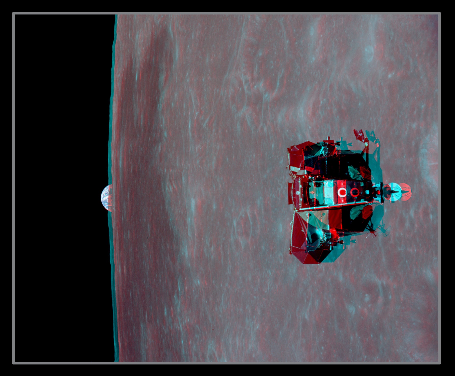 Get out your red/blue glasses and check out this stereo view from lunar orbit. The 3D anaglyph was created from two photographs (AS11-44-6633, AS11-44-6634) taken by astronaut Michael Collins during the 1969 Apollo 11 mission. It features the lunar module ascent stage, dubbed The Eagle, rising to meet the command module in lunar orbit on July 21. Aboard the ascent stage are Neil Armstrong and Buzz Aldrin, the first to walk on the Moon. The smooth, dark area on the lunar surface is Mare Smythii located just below the equator on the extreme eastern edge of the Moon's near side. Poised beyond the lunar horizon is our fair planet Earth.