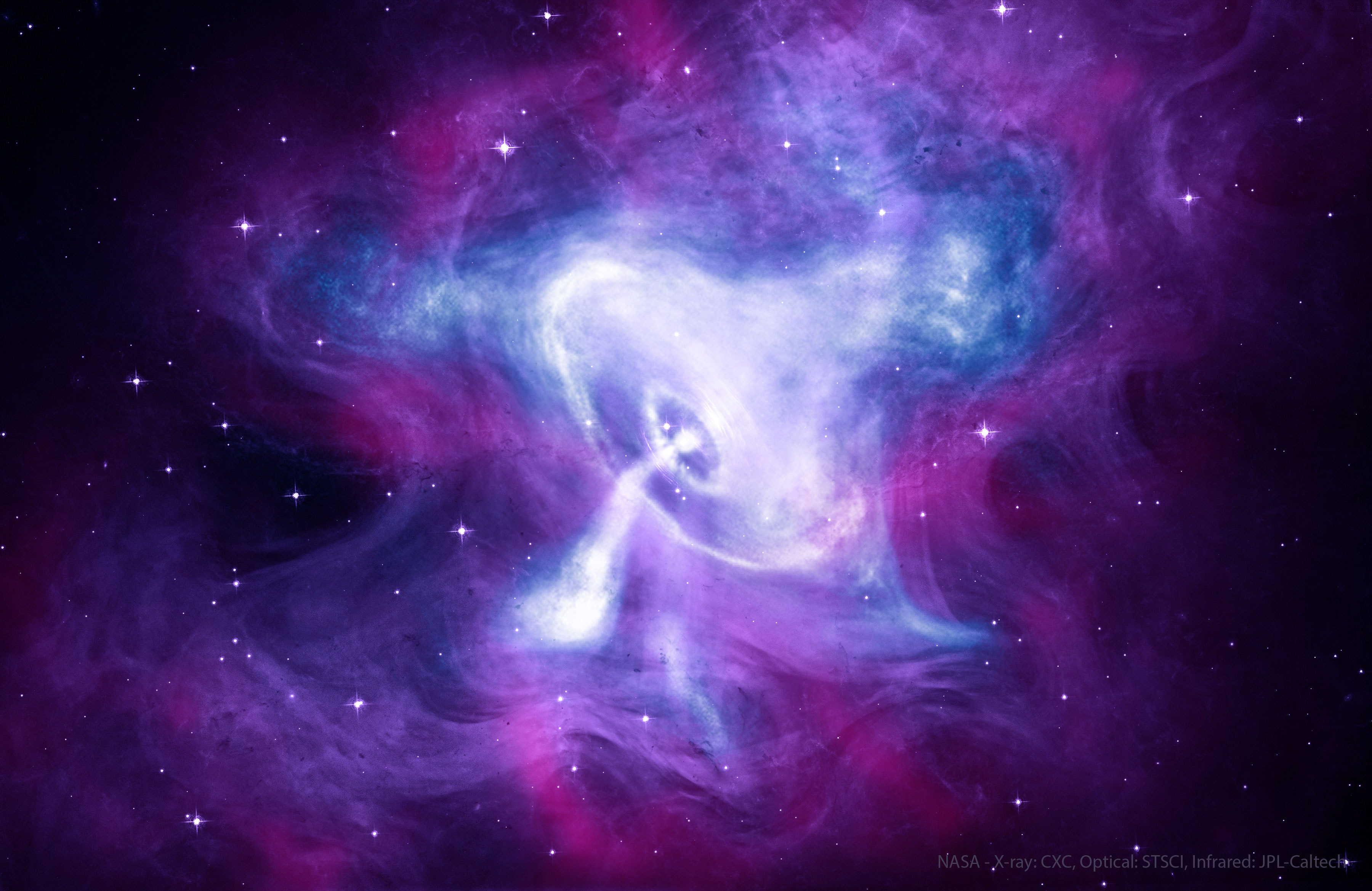 At the core of the Crab Nebula lies a city-sized, magnetized neutron star spinning 30 times a second. Known as the Crab Pulsar, it is the bright spot in the center of the gaseous swirl at the nebula's core. About twelve light-years across, the spectacular picture frames the glowing gas, cavities and swirling filaments near the Crab Nebula's center. The featured picture combines visible light from the Hubble Space Telescope in purple, X-ray light from the Chandra X-ray Observatory in blue, and infrared light from the Spitzer Space Telescope in red. Like a cosmic dynamo the Crab pulsar powers the emission from the nebula, driving a shock wave through surrounding material and accelerating the spiraling electrons. With more mass than the Sun and the density of an atomic nucleus,the spinning pulsar is the collapsed core of a massive star that exploded. The outer parts of the Crab Nebula are the expanding remnants of the star's component gasses. The supernova explosion was witnessed on planet Earth in the year 1054. Explore Your Universe: Random APOD Generator