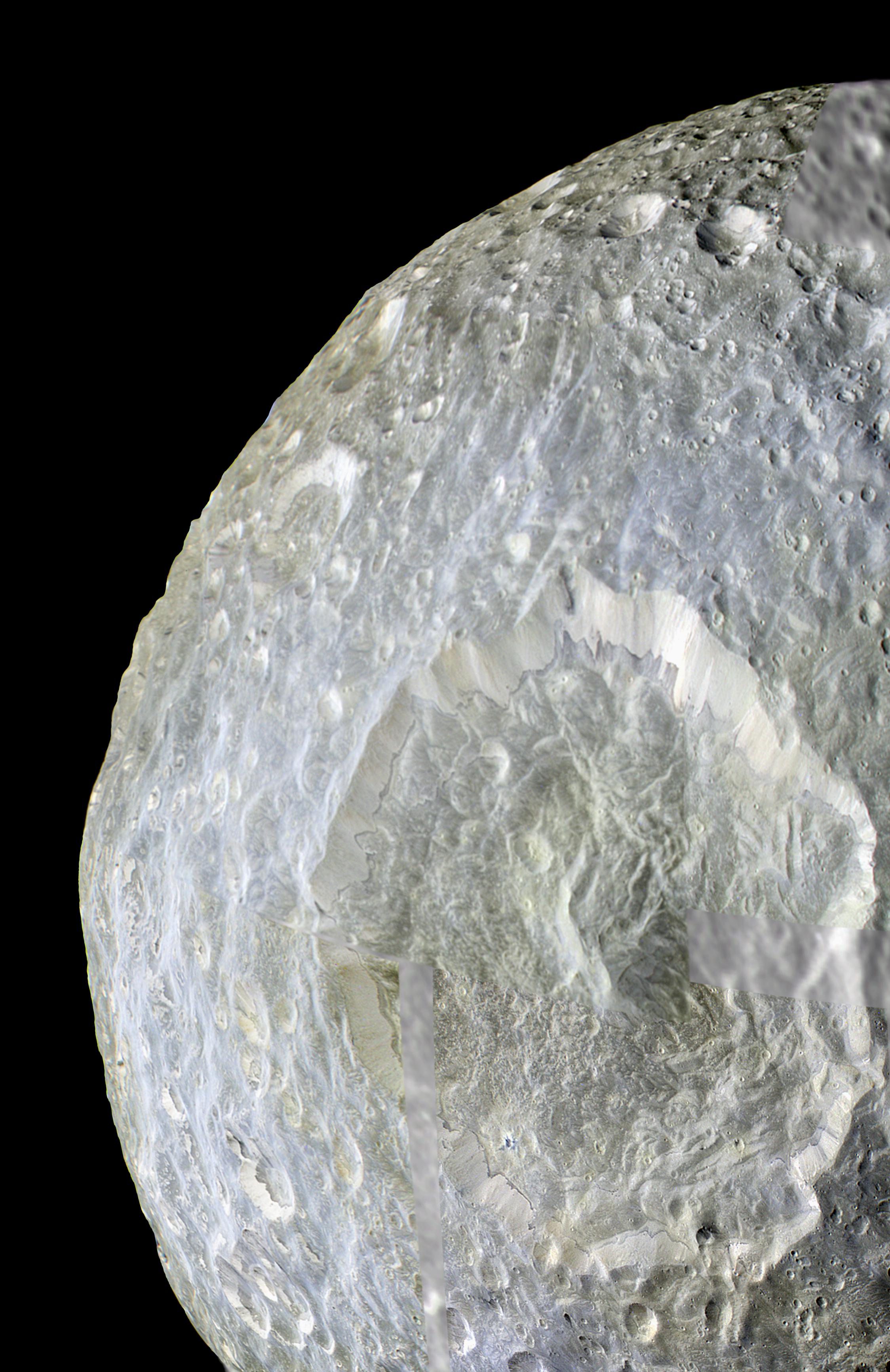 Mimas, small 400 kilometer-diameter moon of Saturn, is host to 130 kilometer-diameter Herschel crater, one of the larger impact craters in the entire Solar System. The robotic Cassini spacecraft orbiting Saturn in 2010 recorded this startling view of small moon and big crater while making a 10,000-kilometer record close pass by the diminutive icy world. Shown in contrast-enhanced false color, the image data reveal more clearly that Herschel's landscape is colored slightly differently from heavily cratered terrain nearby. The color difference could yield surface composition clues to the violent history of Mimas. Of course, an impact on Mimas any larger than the one that created the 130-kilometer Herschel might have destroyed the small moon of Saturn.