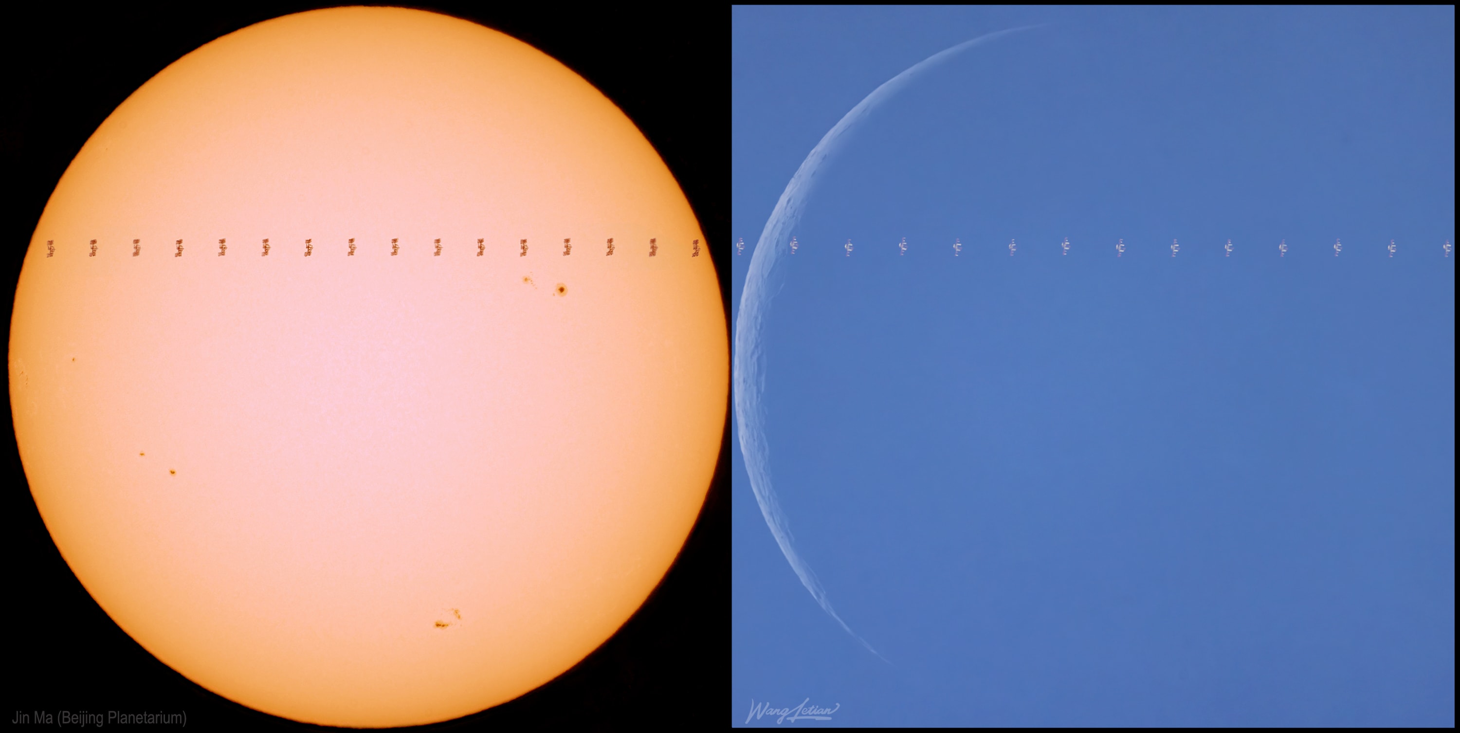 On August 25 Sun and Moon could both be seen in planet Earth's daytime skies. And so could the International Space Station. The ISS crossed the disk of the waning crescent Moon as seen from Shunyi district, Beijing, China at about 11:02 am local time. Some 40 kilometers to the southwest, in Fengtai district, the ISS was seen to cross the Sun's disk too. The solar transit was observed only 29 seconds later. Both transits are compared in these panels, composed of processed and stacked video frames from the two locations. The coordinated captures were made with different equipment, but adjusted to show the Sun and Moon at the same scale. The ISS was at a calculated range of 435 kilometers for the lunar transit and 491 kilometers when passing in front of the Sun. Artemis I: Launch Update