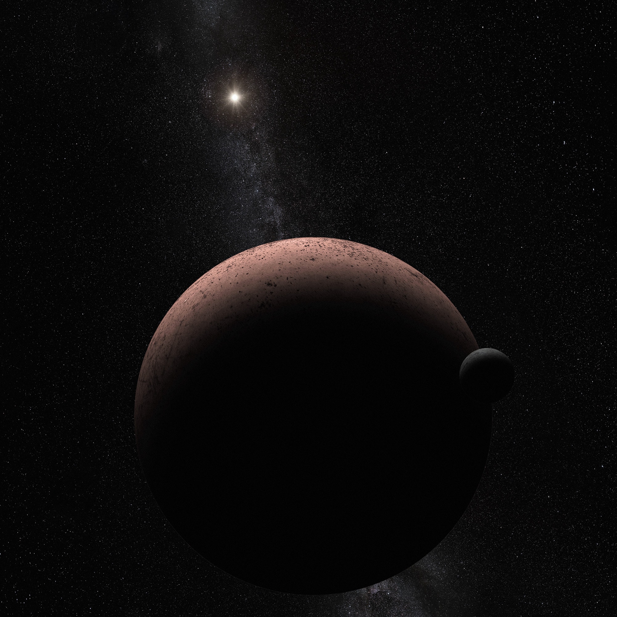 Makemake (sounds like MAH-kay MAH-kay), second brightest dwarf planet of the Kuiper belt, has a moon. Nicknamed MK2, Makemake's moon reflects sunlight with a charcoal-dark surface, about 1,300 times fainter than its parent body. Still, in 2016 it was spotted in Hubble Space Telescope observations intended to search for faint companions with the same technique used to find the small satellites of Pluto. Just as for Pluto and its satellites, further observations of Makemake and orbiting moon will measure the system's mass and density and allow a broader understanding of the distant worlds. About 160 kilometers (100 miles) across compared to Makemake's 1,400 kilometer diameter, MK2's relative size and contrast are shown in this artist's vision. An imagined scene of an unexplored frontier of the Solar System, it looks back from a spacecraft's vantage as the dim Sun shines along the Milky Way. Of course, the Sun is over 50 times farther from Makemake than it is from planet Earth.