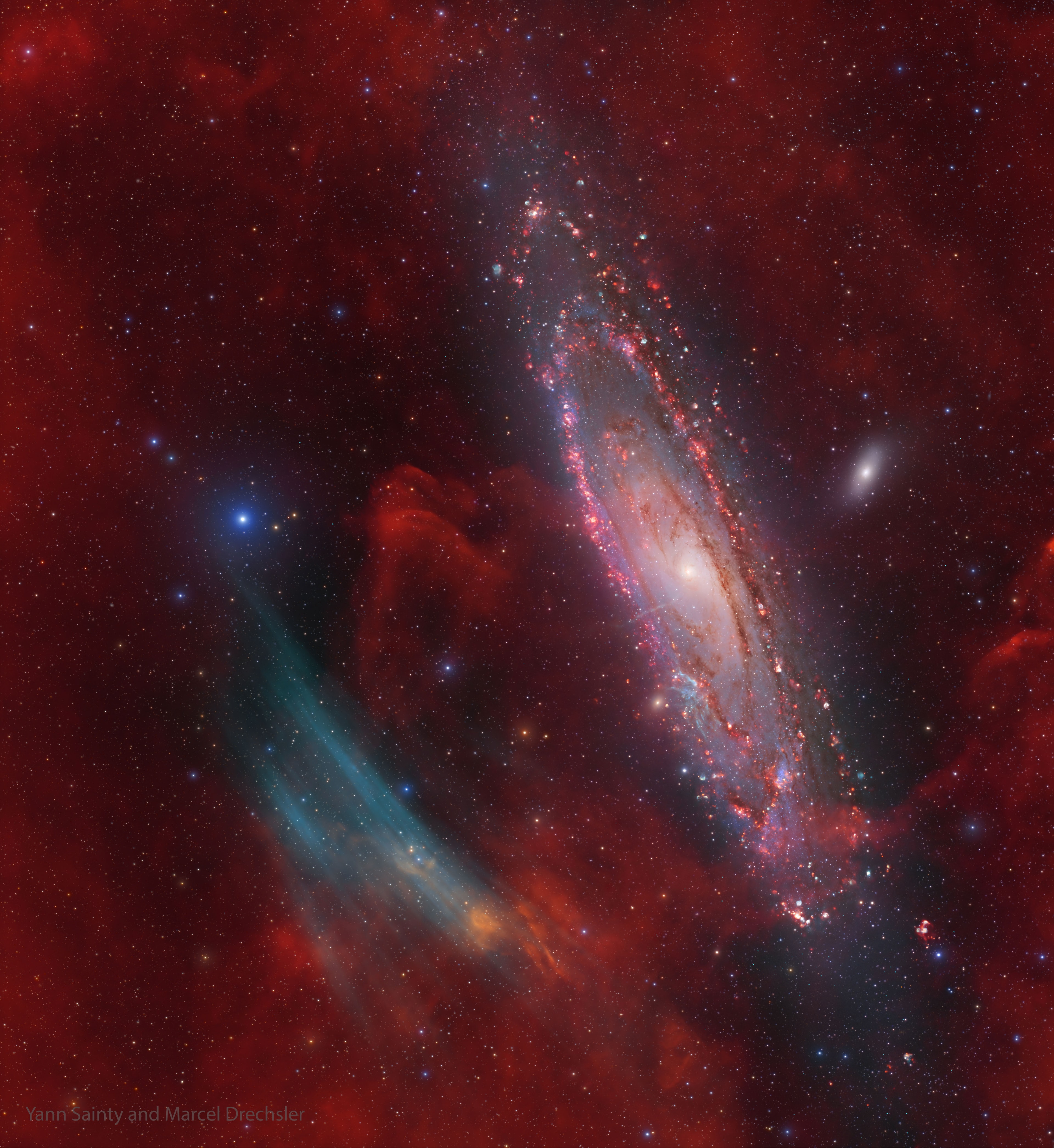 Why are there oxygen-emitting arcs near the direction of the Andromeda galaxy? No one is sure. The gas arcs, shown in blue, were discovered and first confirmed by amateur astronomers just last year. The two main origin hypotheses for the arcs are that they really are close to Andromeda (M31), or that they are just coincidentally placed gas filaments in our Milky Way galaxy. Adding to the mystery is that arcs were not seen in previous deep images of M31 taken primarily in light emitted by hydrogen, and that other, more distant galaxies have not been generally noted as showing similar oxygen-emitting structures. Dedicated amateurs using commercial telescopes made this discovery because, in part, professional telescopes usually investigate angularly small patches of the night sky, whereas these arcs span several times the angular size of the full moon. Future observations -- both in light emitted by oxygen and by other elements -- are sure to follow.