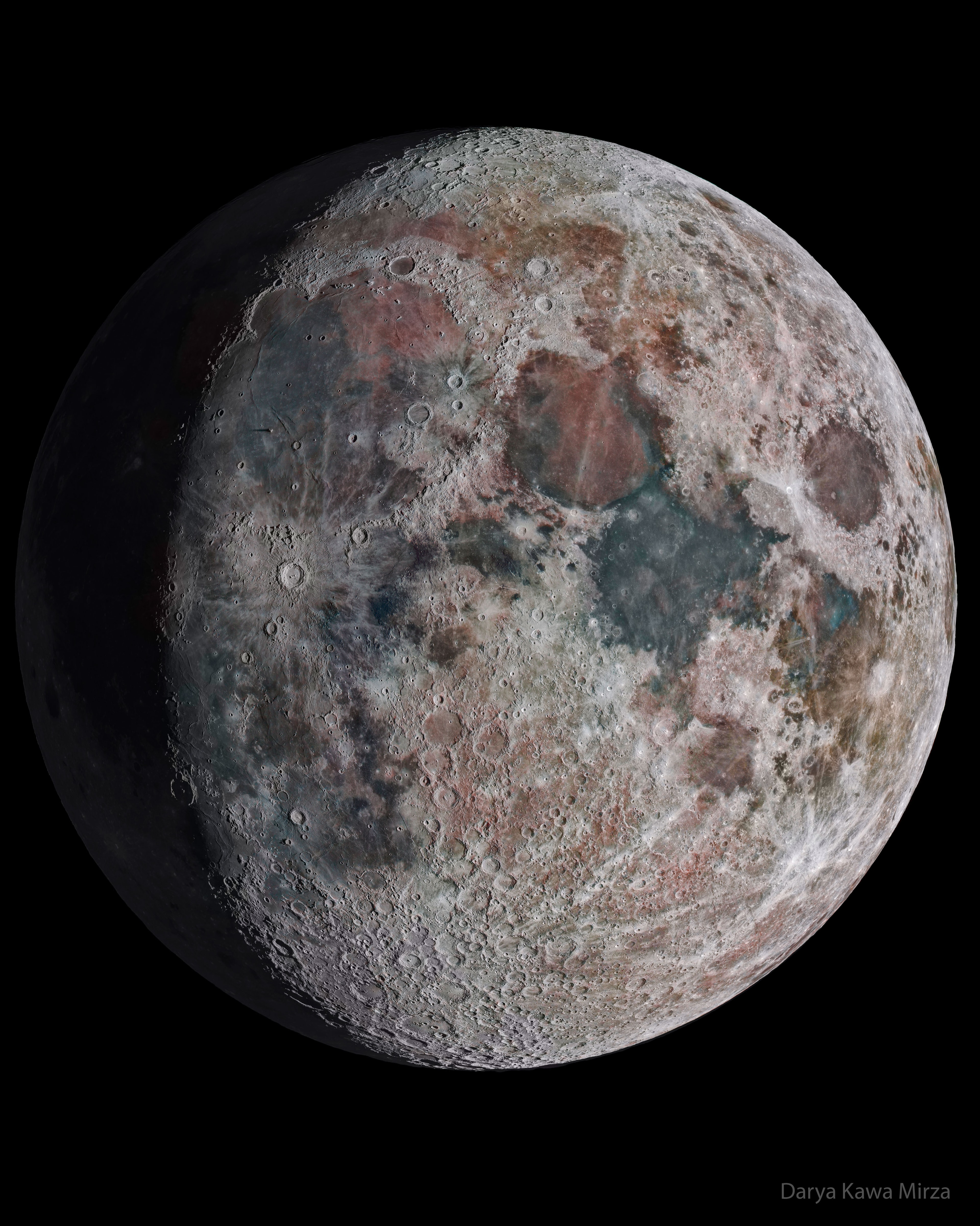 Our Moon doesn't really look like this. Earth's Moon, Luna, doesn't naturally show this rich texture, and its colors are more subtle. But this digital creation is based on reality. The featured image is a composite of multiple images and enhanced to bring up real surface features. The enhancements, for example, show more clearly craters that illustrate the tremendous bombardment our Moon has been through during its 4.6-billion-year history. The dark areas, called maria, have fewer craters and were once seas of molten lava. Additionally, the image colors, although based on the moon's real composition, are changed and exaggerated. Here, a blue hue indicates a region that is iron rich, while orange indicates a slight excess of aluminum. Although the Moon has shown the same side to the Earth for billions of years, modern technology is allowing humanity to learn much more about it -- and how it affects the Earth.
