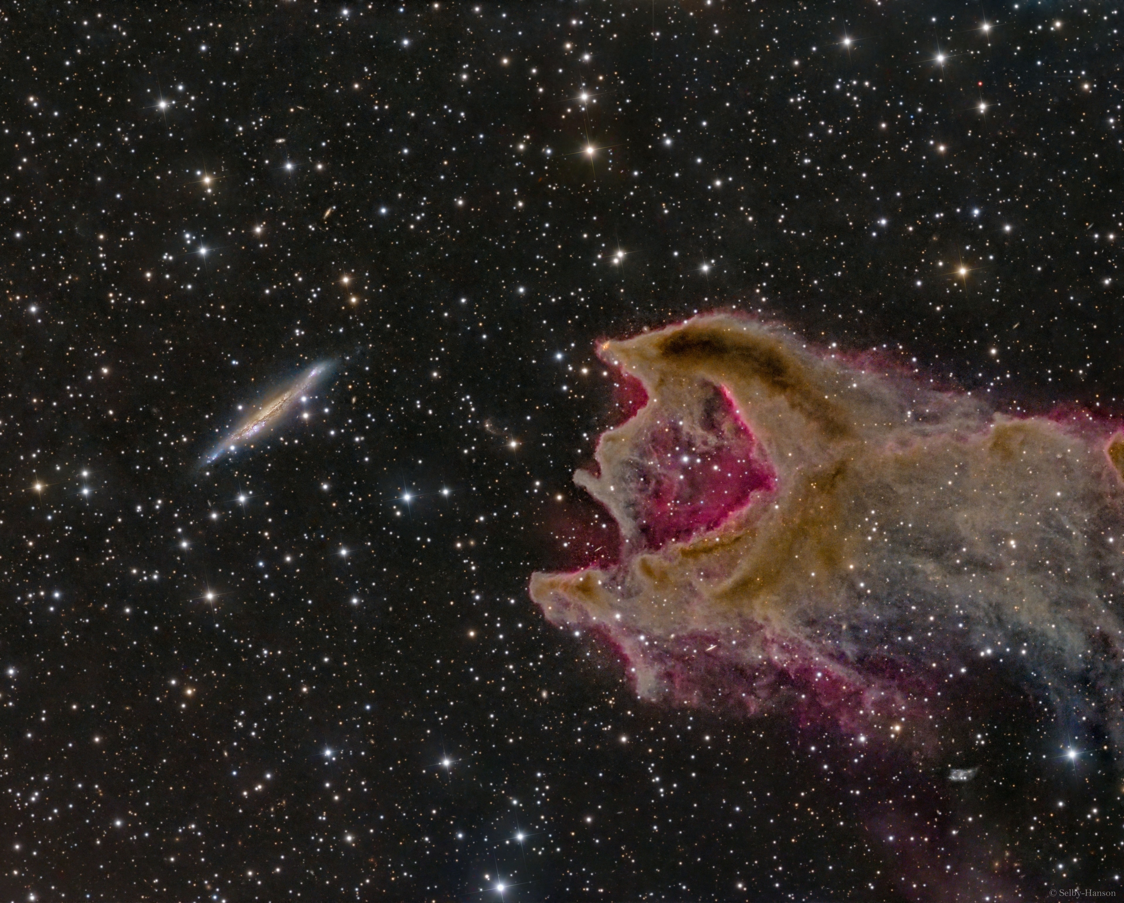 Can a gas cloud eat a galaxy? It's not even close. The "claw" of this odd looking "creature" in the featured photo is a gas cloud known as a cometary globule. This globule, however, has ruptured. Cometary globules are typically characterized by dusty heads and elongated tails. These features cause cometary globules to have visual similarities to comets, but in reality they are very much different. Globules are frequently the birthplaces of stars, and many show very young stars in their heads. The reason for the rupture in the head of this object is not yet known. The galaxy to the left of the globule is huge, very far in the distance, and only placed near CG4 by chance superposition. Discovery + Outreach: Graduate student research position open for APOD