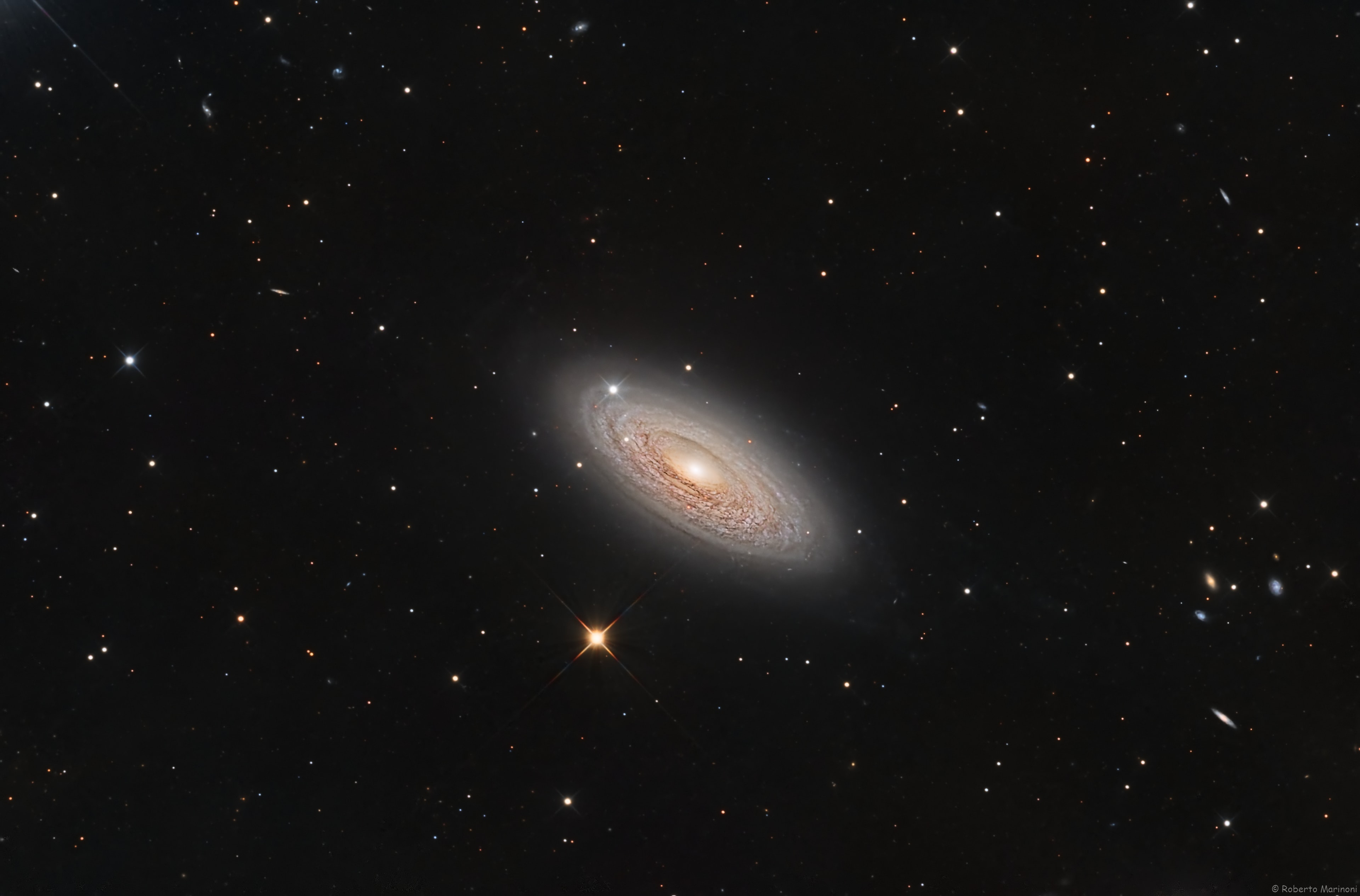 A mere 46 million light-years distant, spiral galaxy NGC 2841 can be found in planet Earth's night sky toward the northern constellation of Ursa Major. This sharp image centered on the gorgeous island universe also captures spiky foreground Milky Way stars and more distant background galaxies within the same telescopic field of view. It shows off the bright nucleus of NGC 2841, along with its inclined galactic disk, and faint outer regions. Dust lanes, small star-forming regions, and young star clusters are embedded in the galaxy's patchy, tightly wound spiral arms. In contrast, many other spirals exhibit broader, sweeping arms with large star-forming regions. NGC 2841 has a diameter of over 150,000 light-years, making it even larger than our own Milky Way. X-ray images suggest that extreme outflows from giant stars and stellar explosions create plumes of hot gas extending into a halo around NGC 2841.